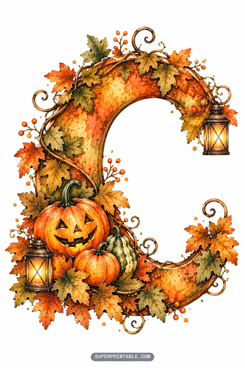 Letter C decorated with a smiling carved pumpkin, striped gourd, golden autumn leaves, and rustic lantern