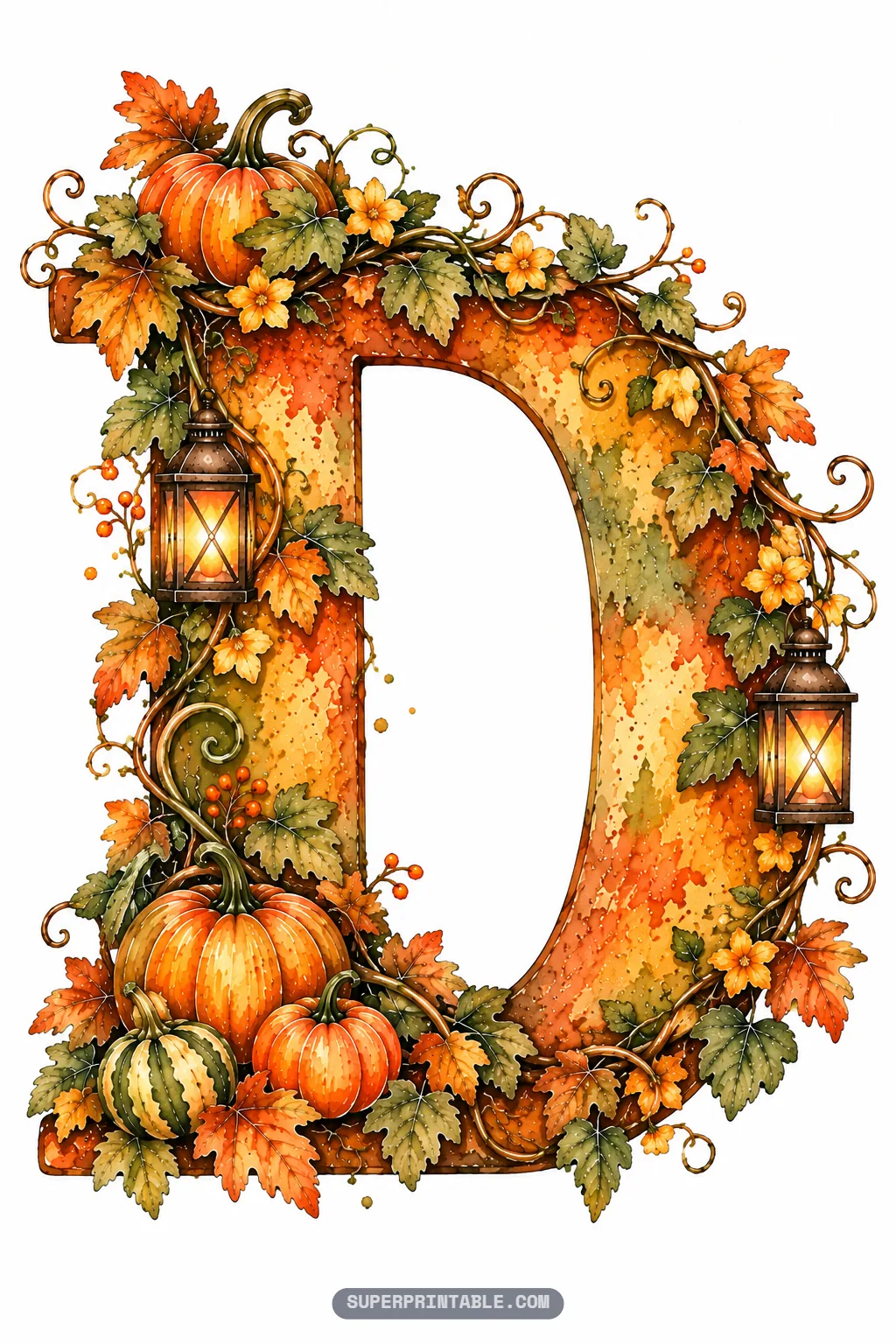 Letter D decorated with twin lanterns, twisting vines, colorful fall leaves, and harvest pumpkins