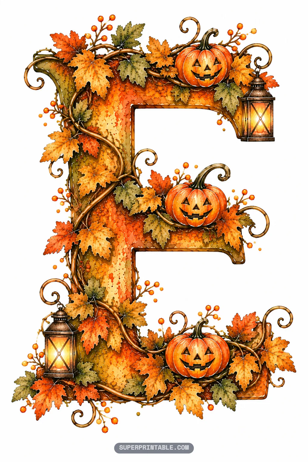 Letter E with three smiling jack-o-lanterns, glowing lanterns, and rich fall maple leaves on winding vines