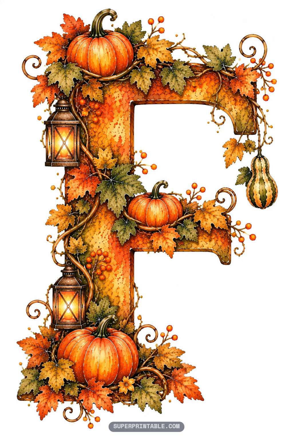 Letter F featuring glowing metal lanterns, hanging gourds, plump harvest pumpkins, and orange leaves
