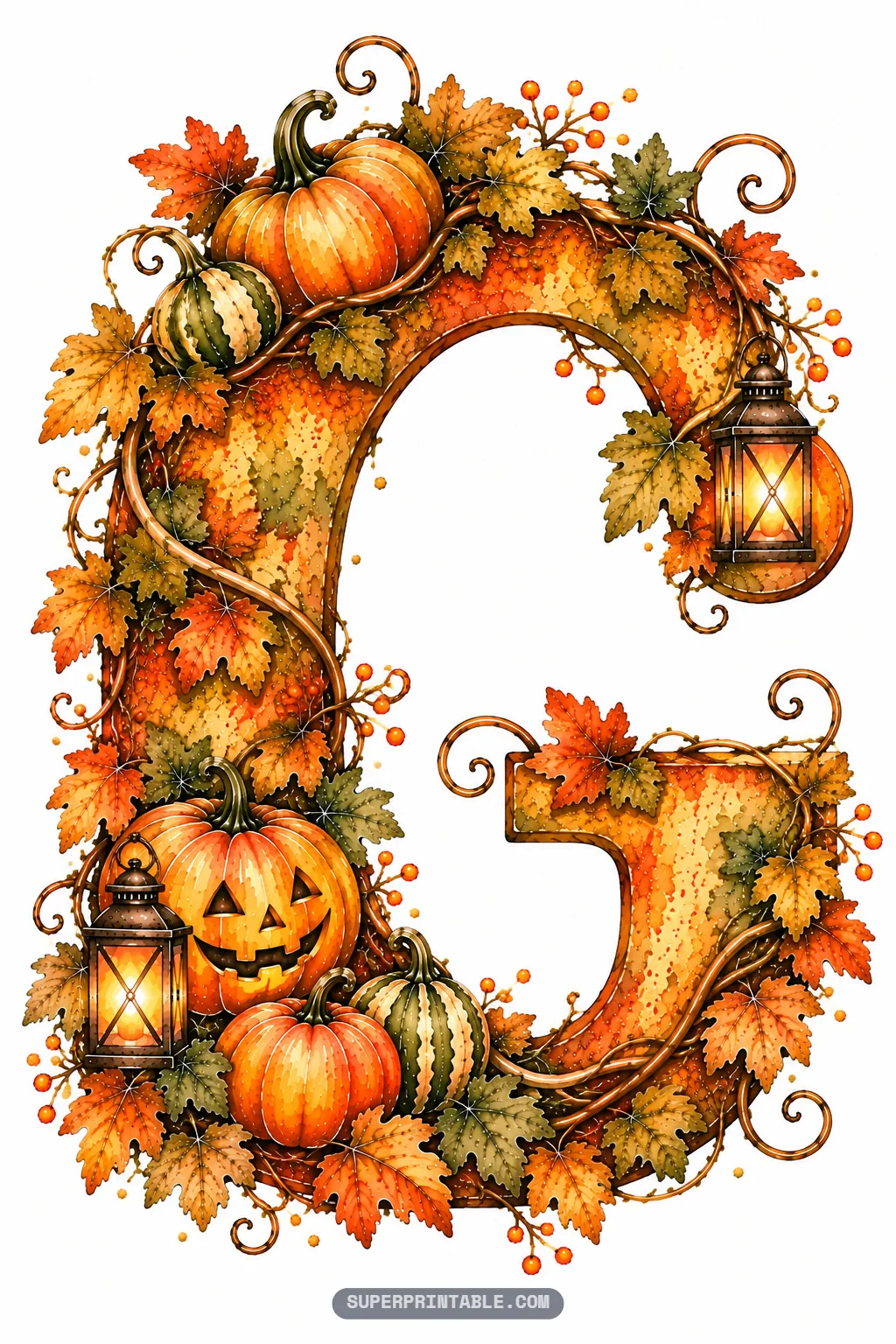 Letter G wrapped in autumn leaves, a smiling jack-o-lantern, striped ornamental gourds, and lanterns