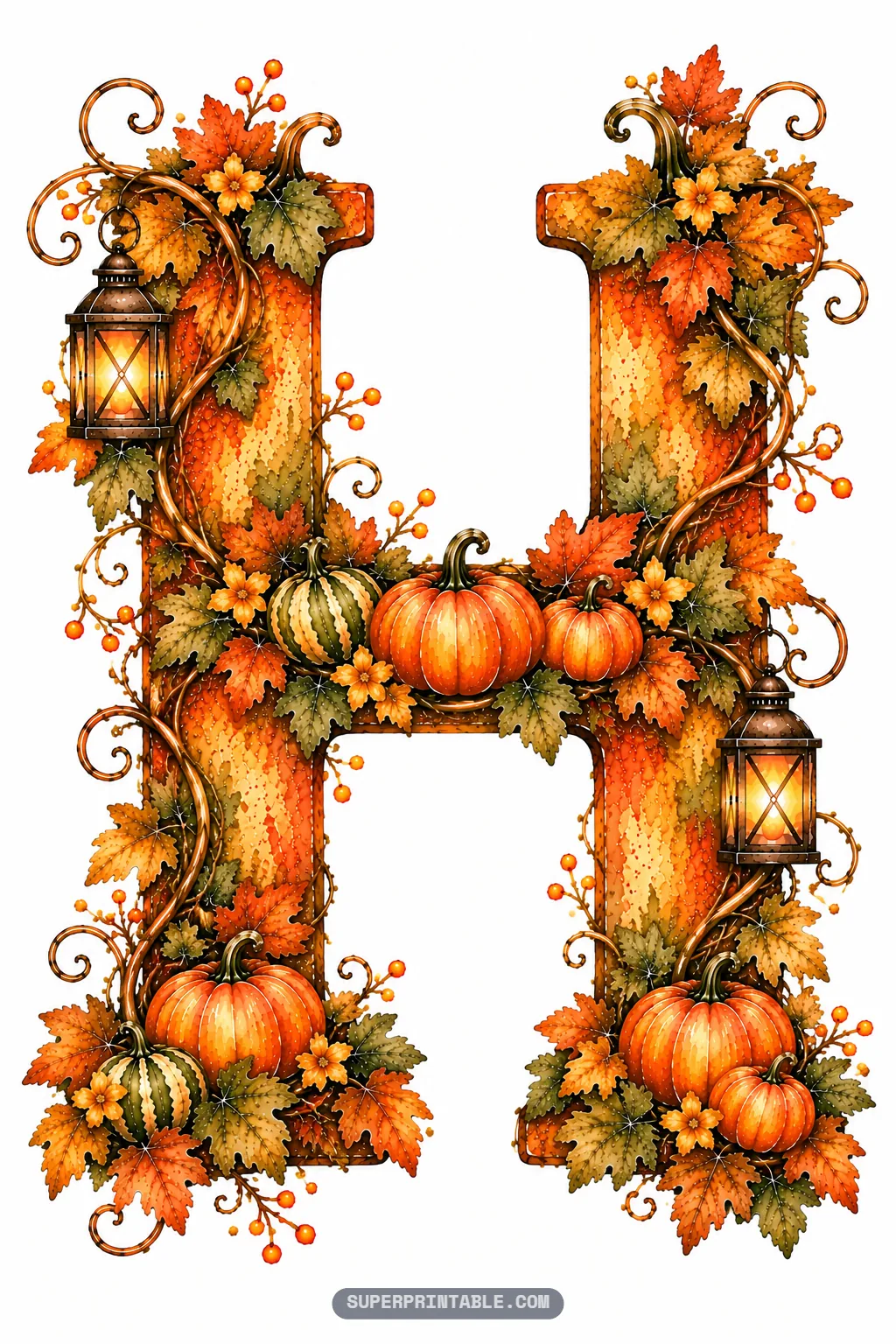 Letter H adorned with rustic lanterns, clusters of fall pumpkins, striped gourds, and lush maple leaves