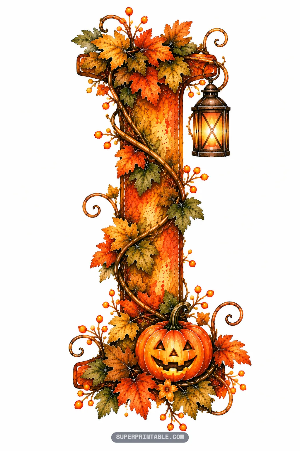 Letter I accented with a hanging lantern, climbing vine tendrils, orange foliage, and a happy jack-o-lantern