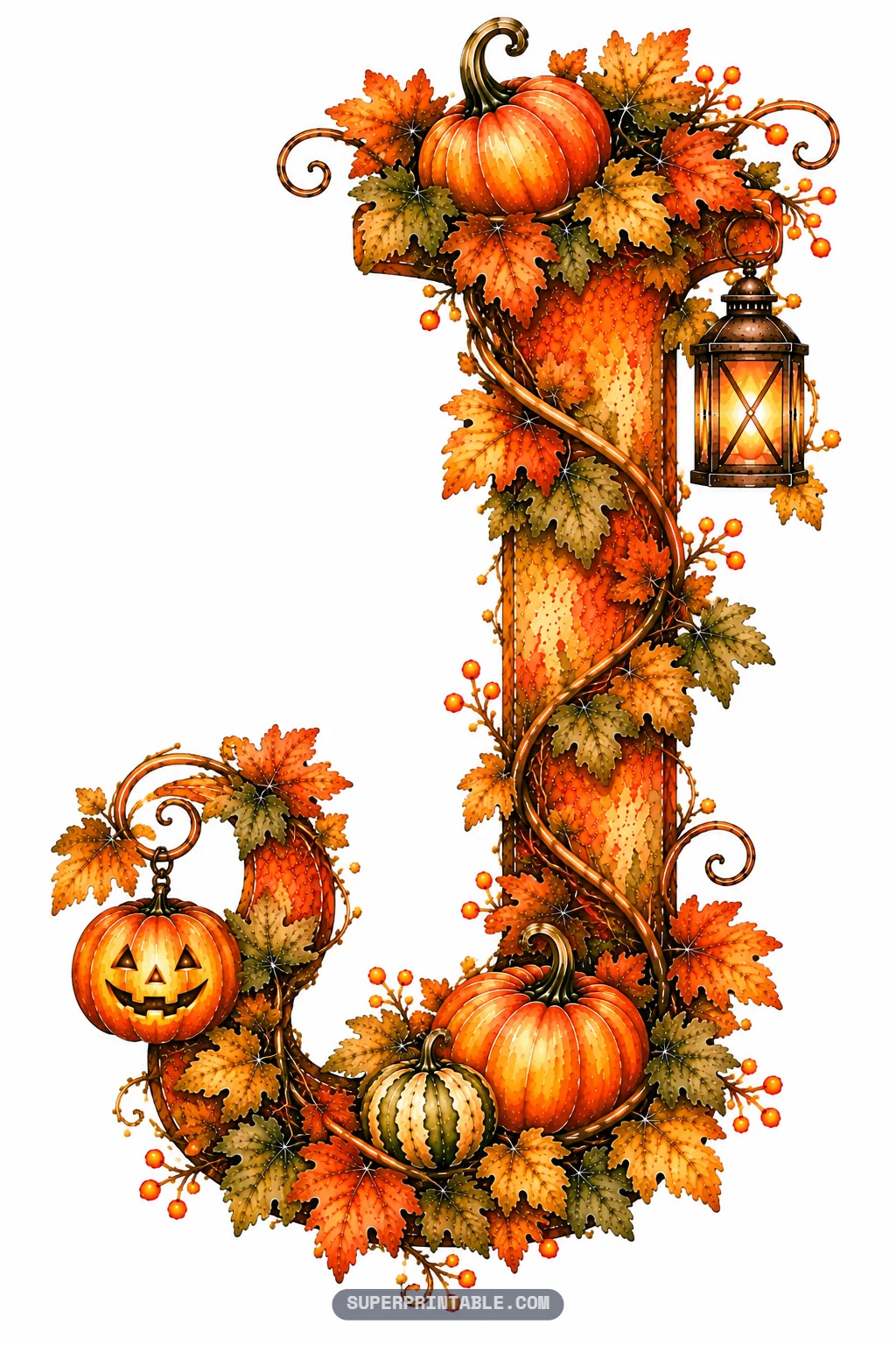 Letter J with a glowing lantern, climbing leafy branches, and a cheerful jack-o-lantern on the curled tail