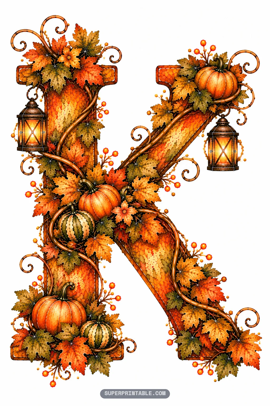 Letter K adorned with twin lanterns, rustic harvest pumpkins, striped gourds, and autumn foliage