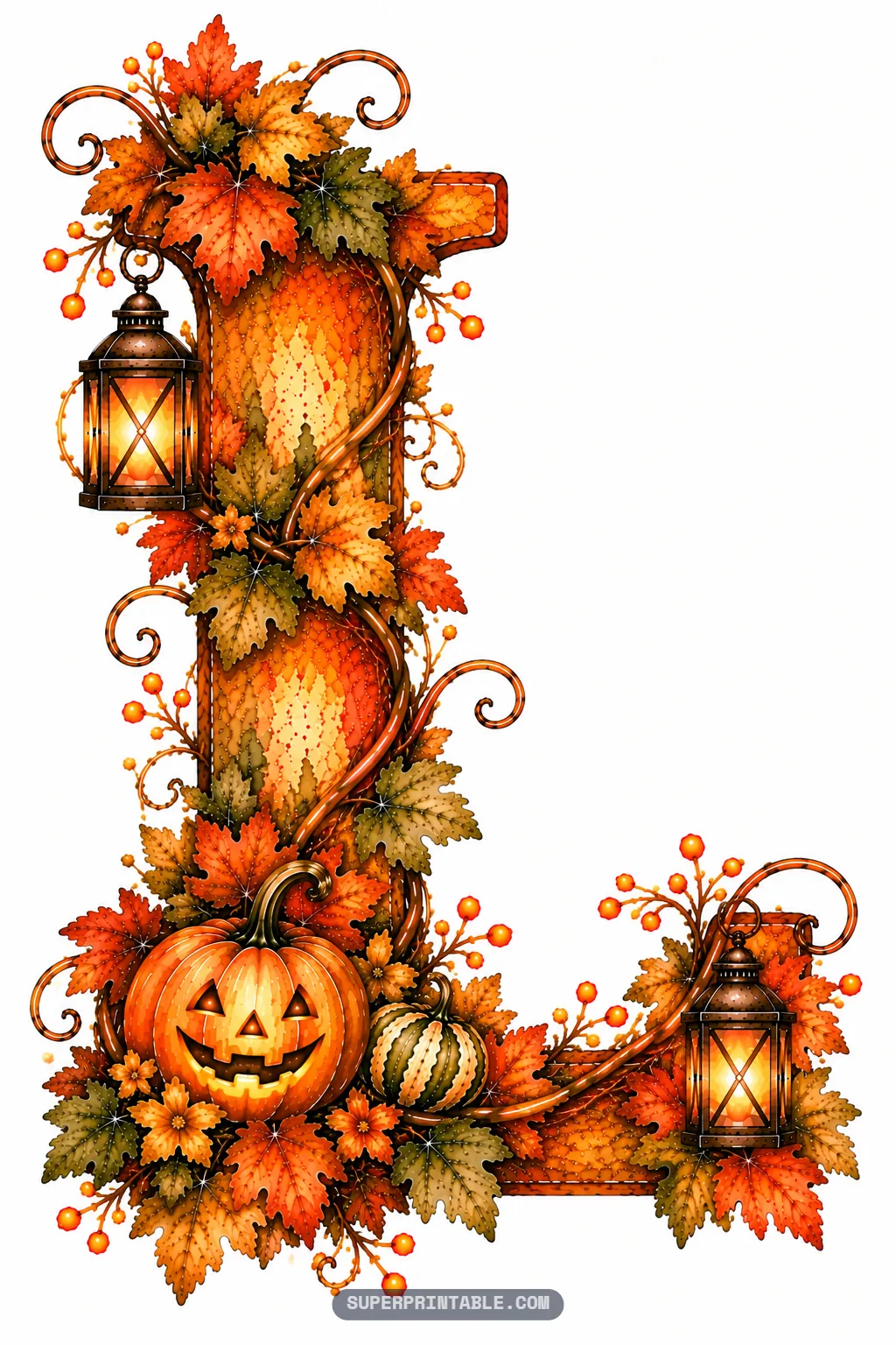 Letter L decorated with a carved smiling pumpkin, two lit lanterns, gourds, and colorful autumn leaves