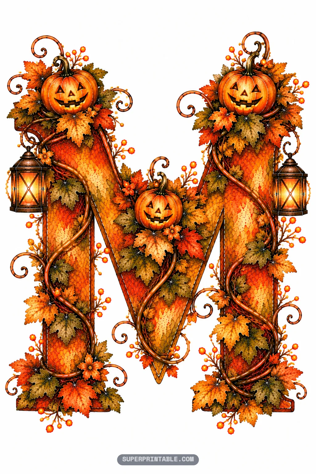Letter M crowned with three smiling carved pumpkins, two antique lanterns, and dense autumn foliage