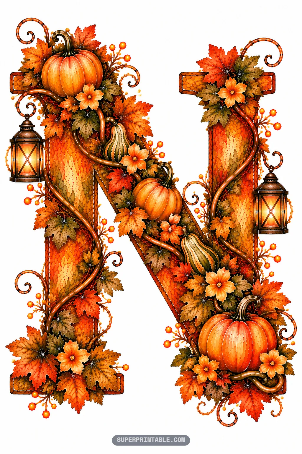 Letter N detailed with rustic lanterns, striped decorative squash, harvest pumpkins, and fall leaves