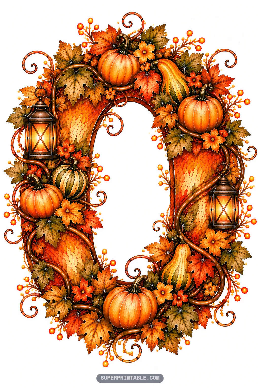 Letter O designed as a circular harvest wreath with glowing lanterns, pumpkins, gourds, and leaves