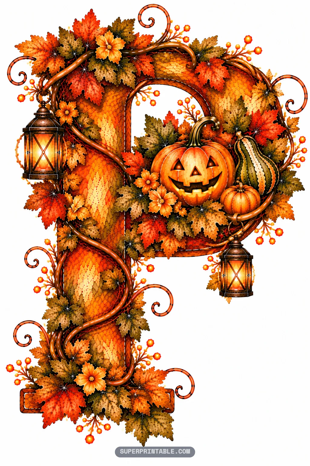 Letter P featuring a smiling jack-o-lantern in the upper loop, two hanging lanterns, and autumn leaves