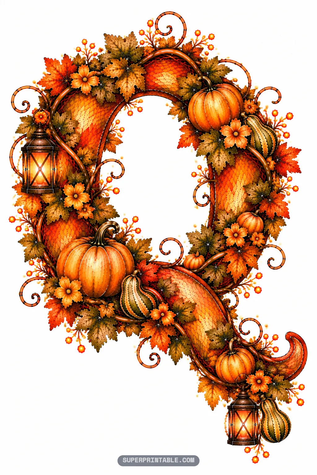 Letter Q with sweeping tail decorated with hanging lanterns, harvest pumpkins, striped gourds, and leaves