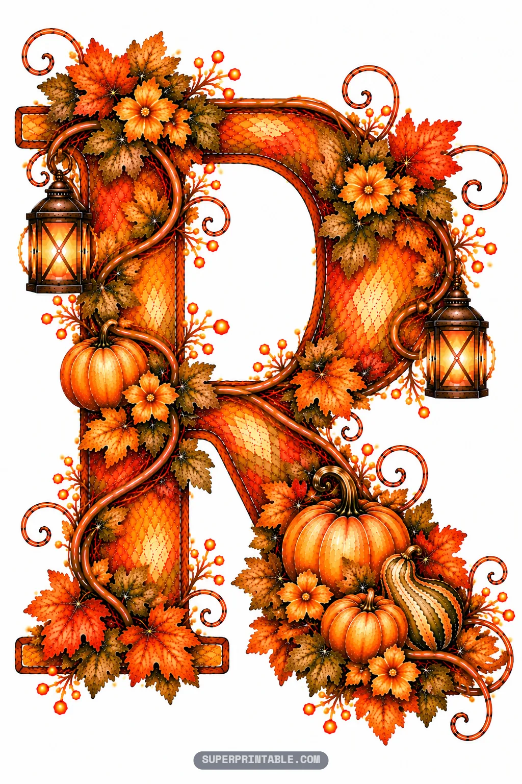 Letter R adorned with glowing lanterns, leafy vines, fall berries, and an assortment of harvest pumpkins