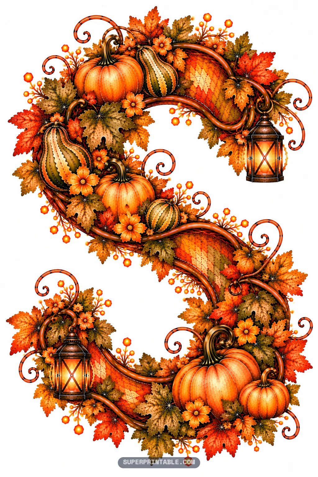 Letter S flowing with twin lanterns, striped autumn gourds, ripe pumpkins, and golden maple foliage