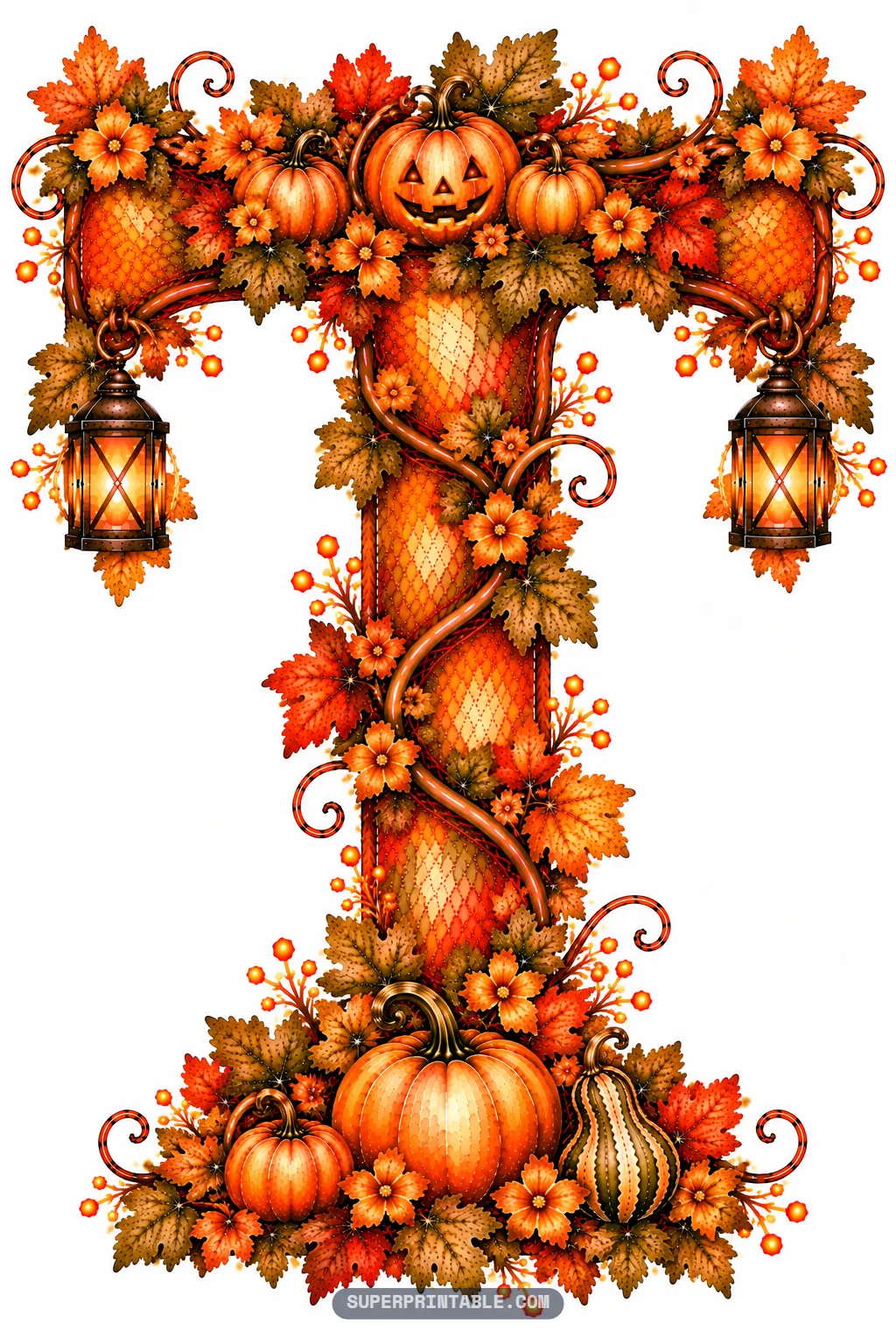 Letter T crowned by a grinning jack-o-lantern with dual lanterns and harvest pumpkins at the wide base