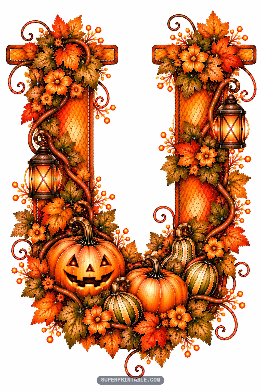Letter U cradling a smiling carved pumpkin, glowing lanterns, striped gourds, and dense autumn leaves