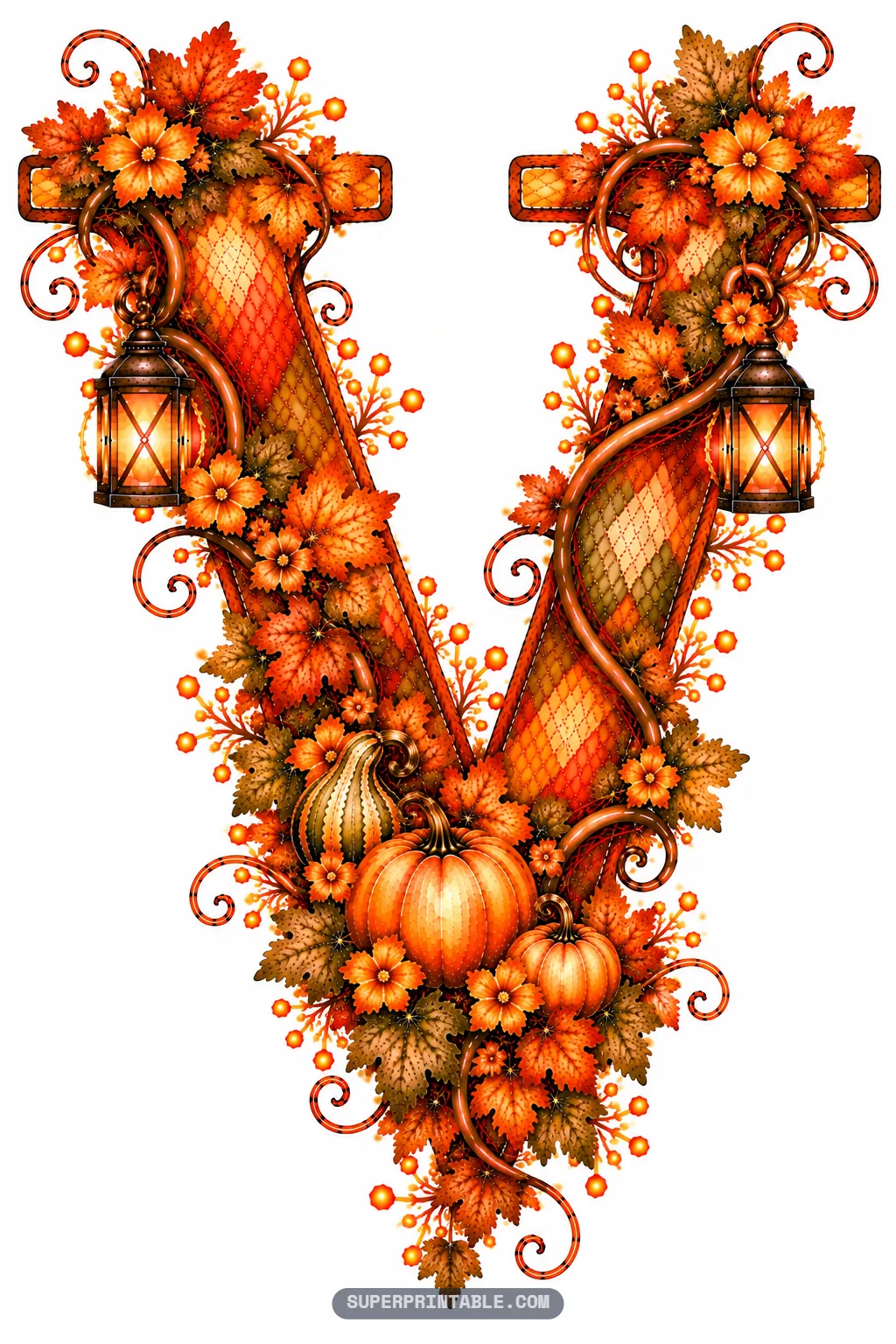 Letter V decorated with twin lanterns, climbing foliage, striped gourds, and pumpkins at the bottom point