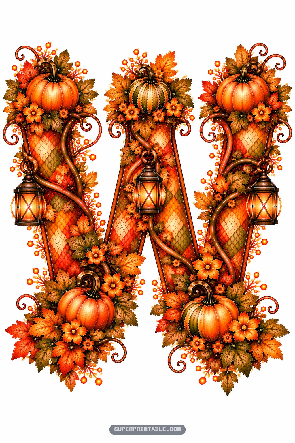 Letter W featuring three glowing lanterns, striped squash, and harvest pumpkins across wide peaks