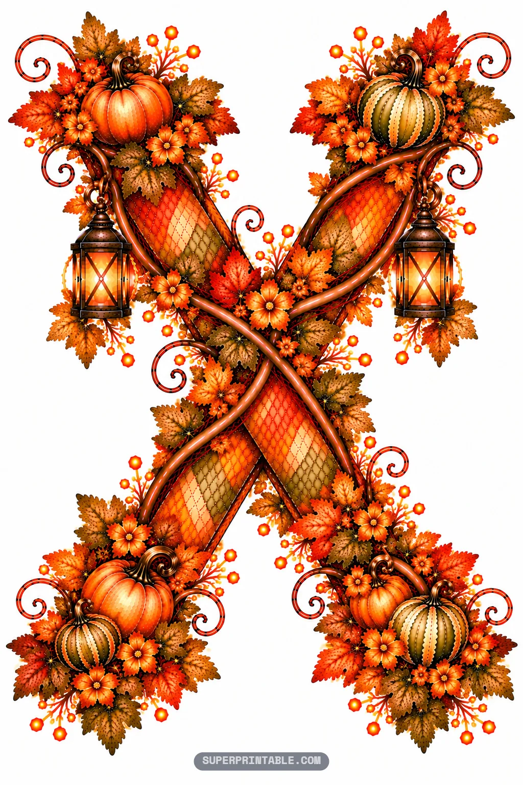 Letter X adorned with dual lanterns, climbing leafy vines, and autumn pumpkin clusters at four corners