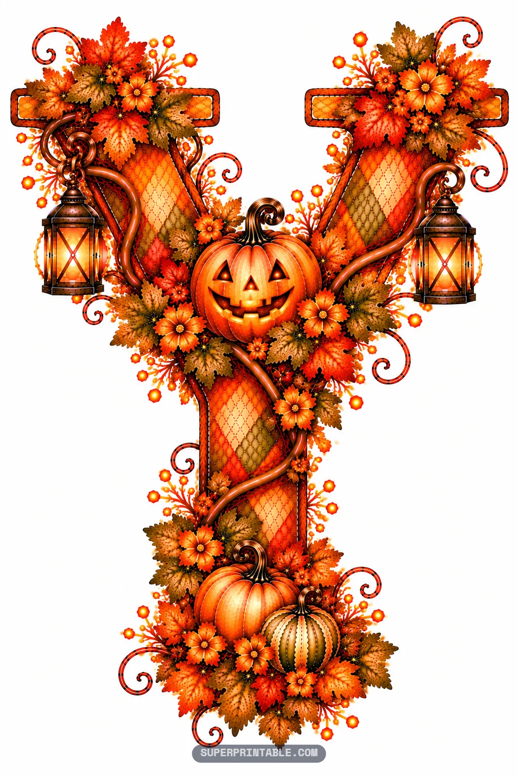 Letter Y with a smiling jack-o-lantern in the center fork, dual hanging lanterns, and harvest pumpkins