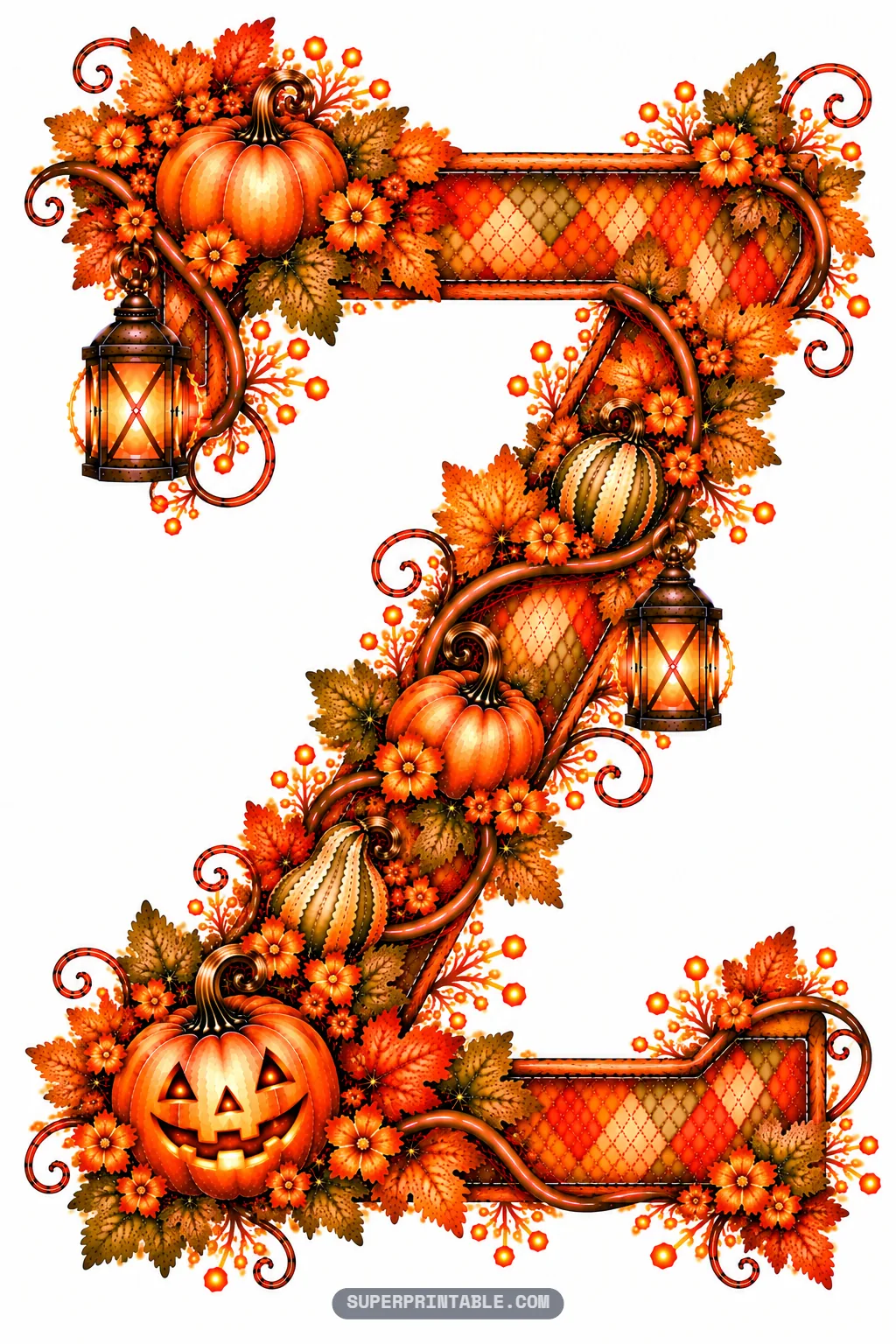 Letter Z featuring a grinning carved pumpkin, glowing lanterns, and colorful autumn leaves along its bends