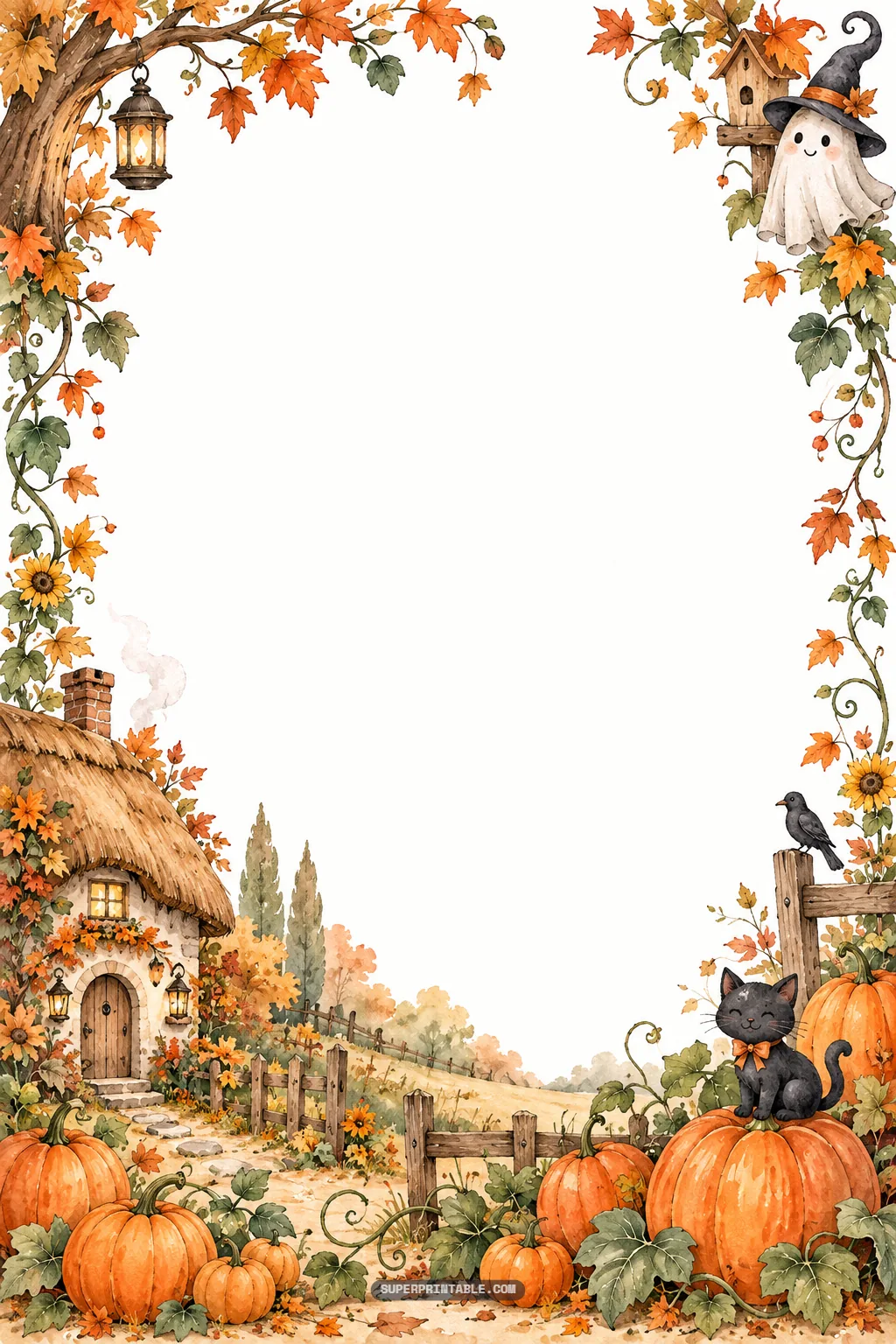 Pumpkin patch digital papers stationery border with a thatched cottage, friendly ghost, and black cat.