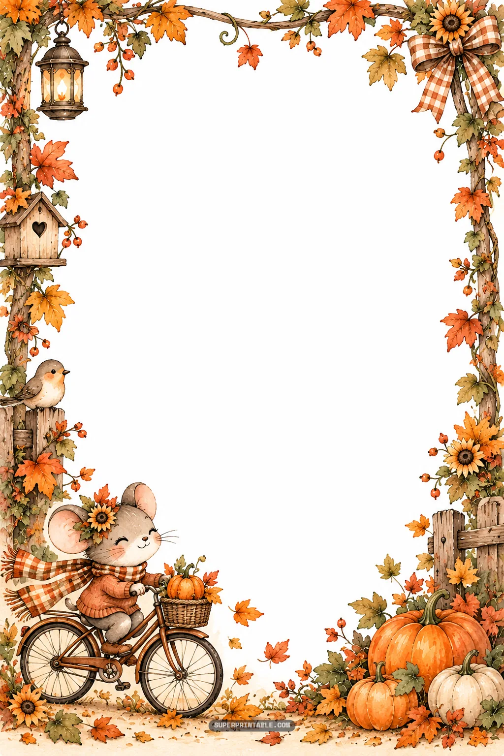 Pumpkin patch digital papers border sheet featuring a sweet mouse riding a bicycle carrying small pumpkins.