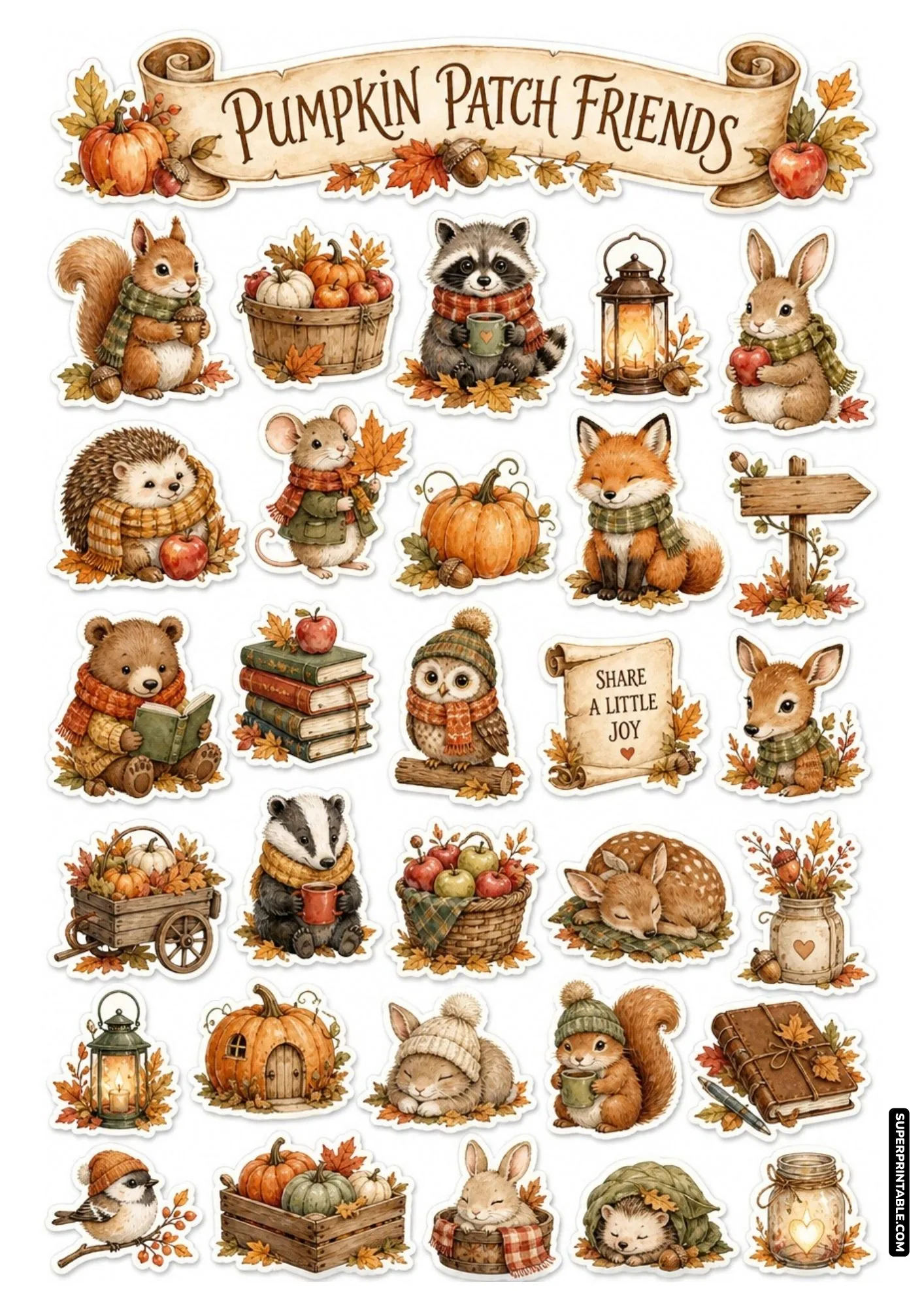 Pumpkin Patch Friends sticker sheet showcase with cute animals, ripe pumpkins, and vintage lanterns.