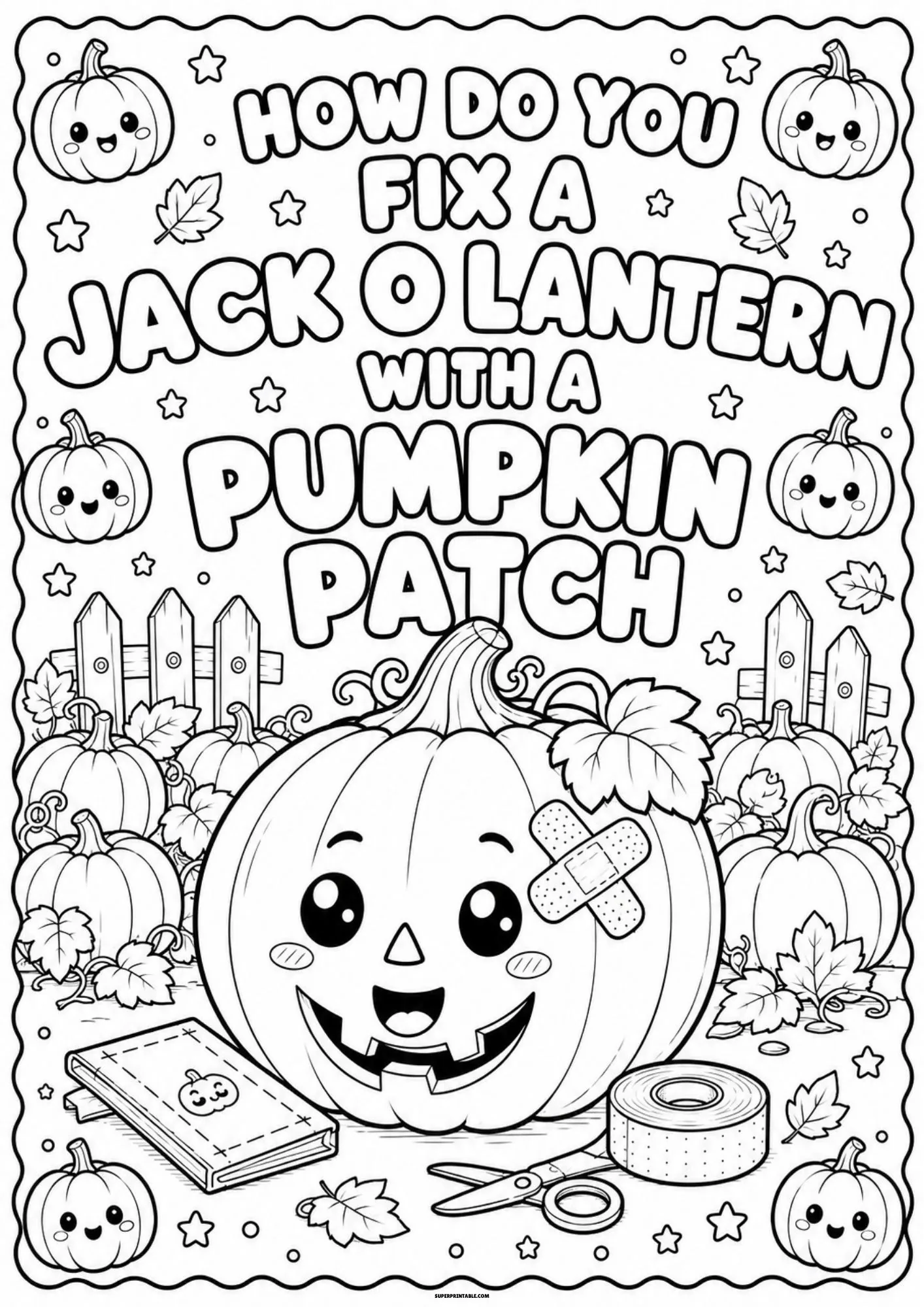 Jack-o-lantern with a bandage on its head sitting in a pumpkin patch field.
