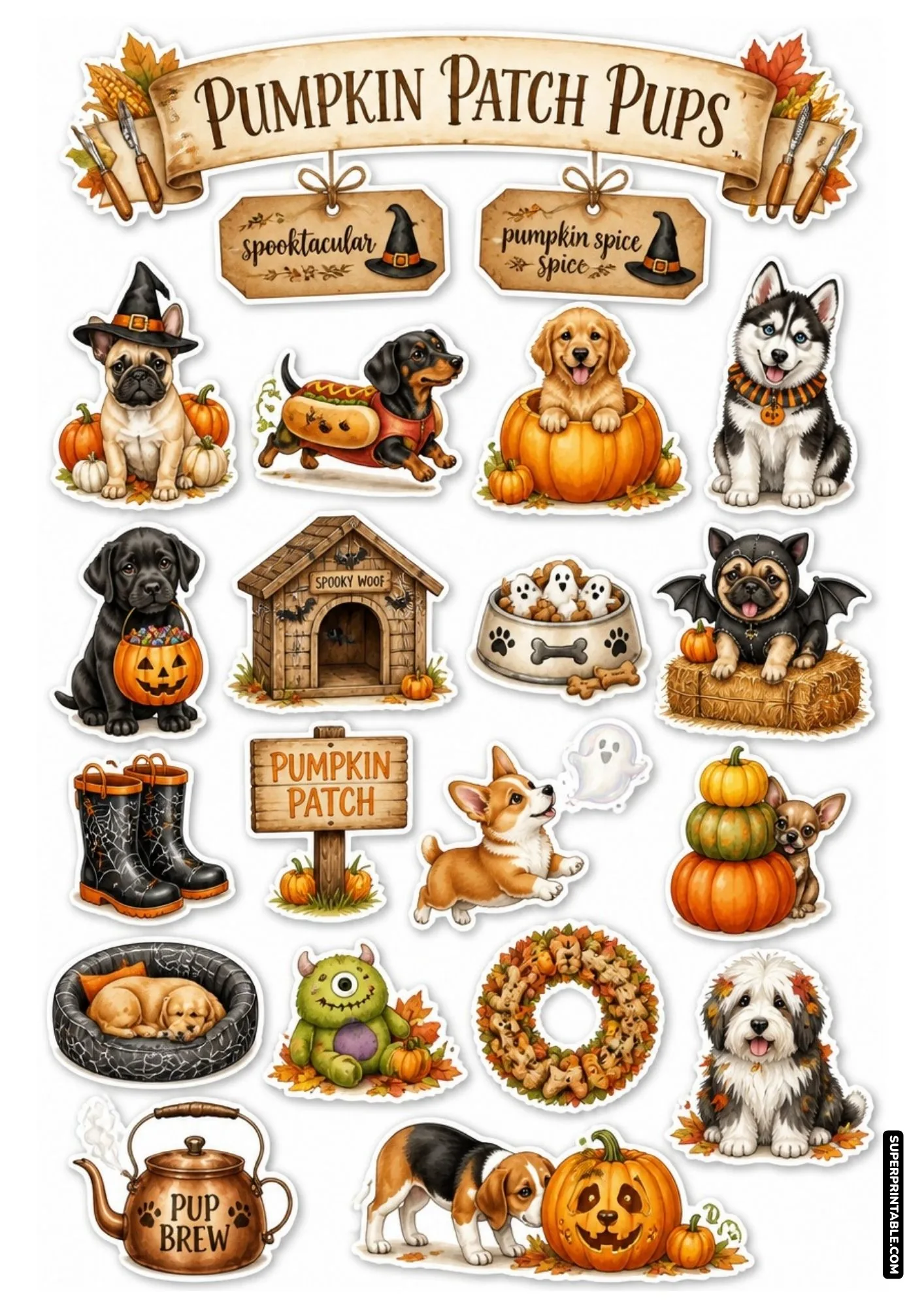 Halloween dog sticker sheet showcasing puppies dressed in witch hats and pumpkin outfits.