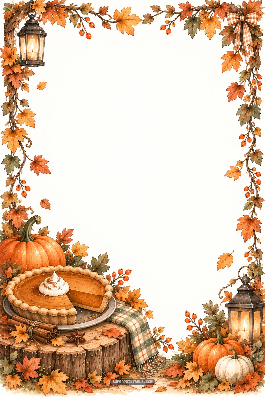 Watercolor autumn border featuring a slice of pumpkin pie on a tree stump with glowing lanterns.