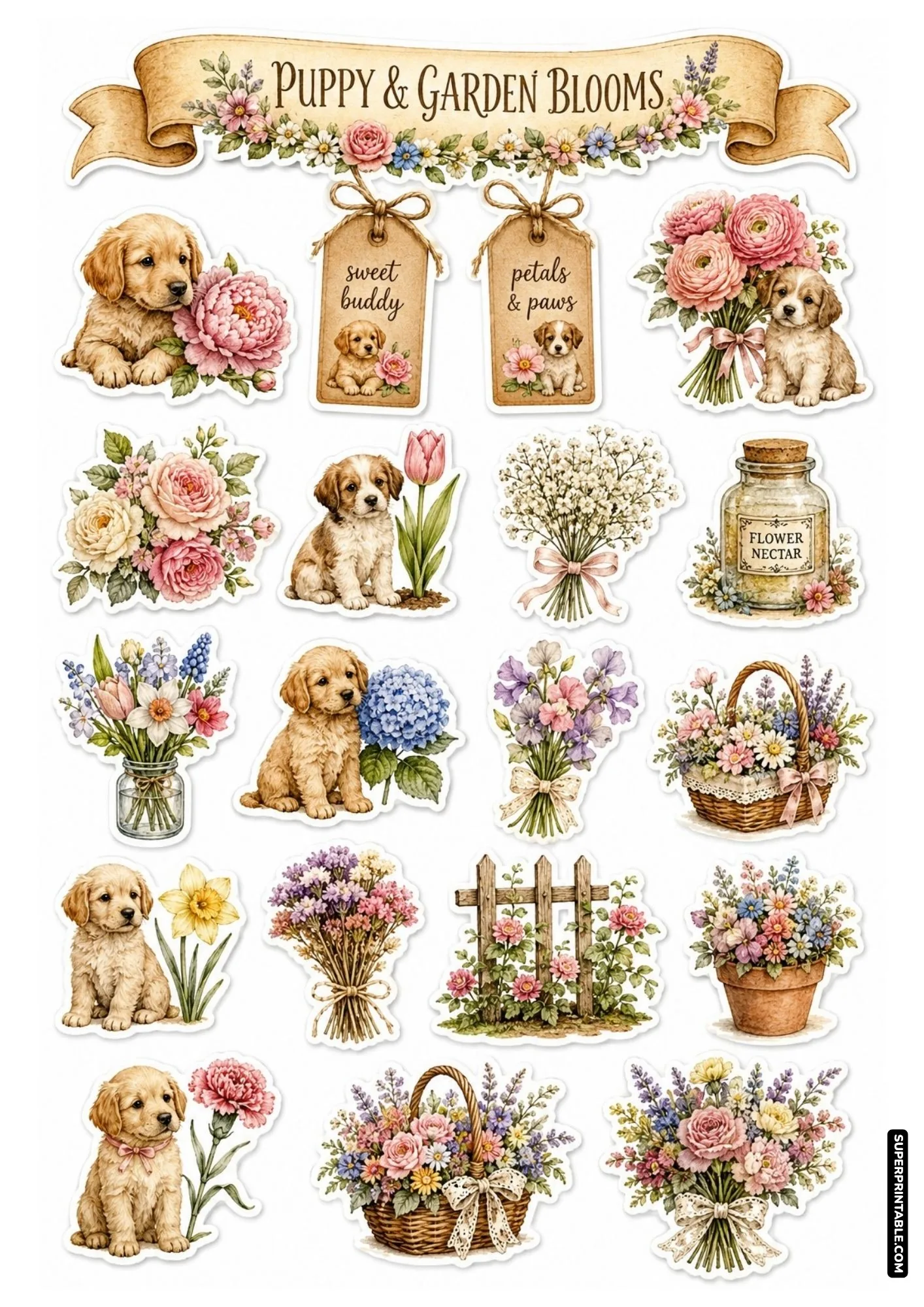 Watercolor dog sticker sheet depicting golden puppies sitting beside rich pink peonies and botanical floral bouquets.