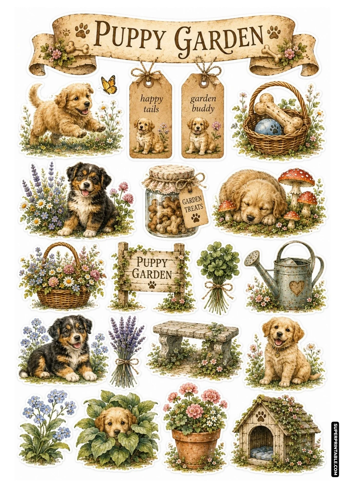 Charming garden sticker sheet showing playful puppies alongside bone treat jars, lavender, and stone benches.