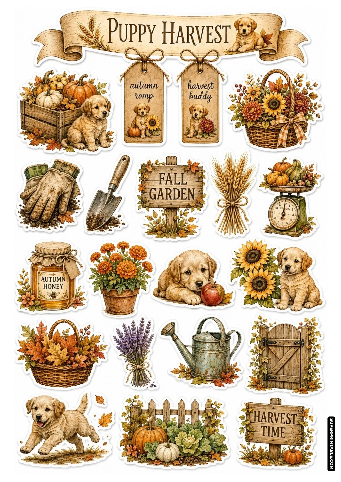 Autumn themed sticker sheet featuring puppies resting near pumpkins, sunflowers, and wooden harvest signs.