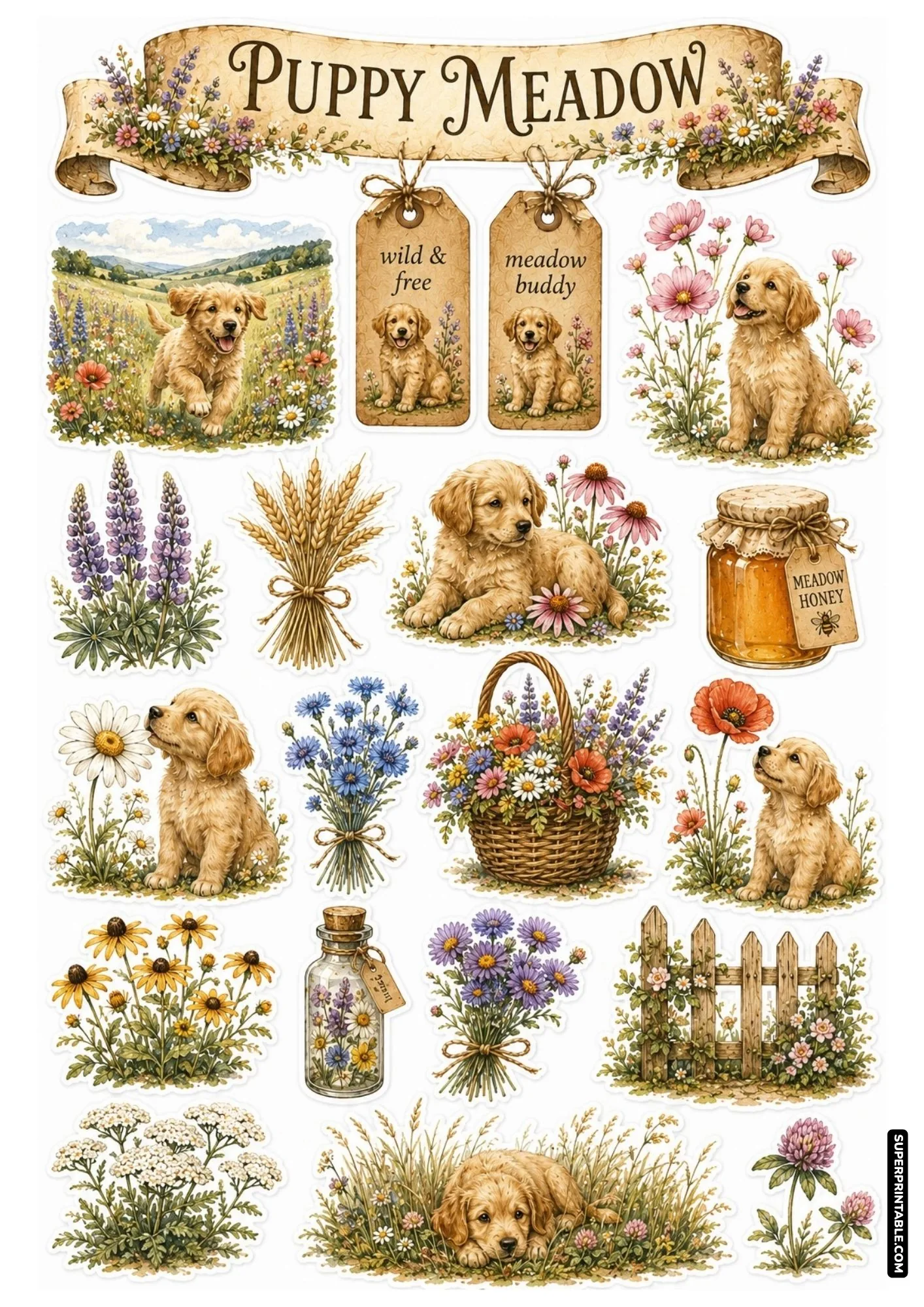 Detailed meadow sticker sheet showcasing golden puppies amidst vibrant wildflowers, clover, and honey jars.
