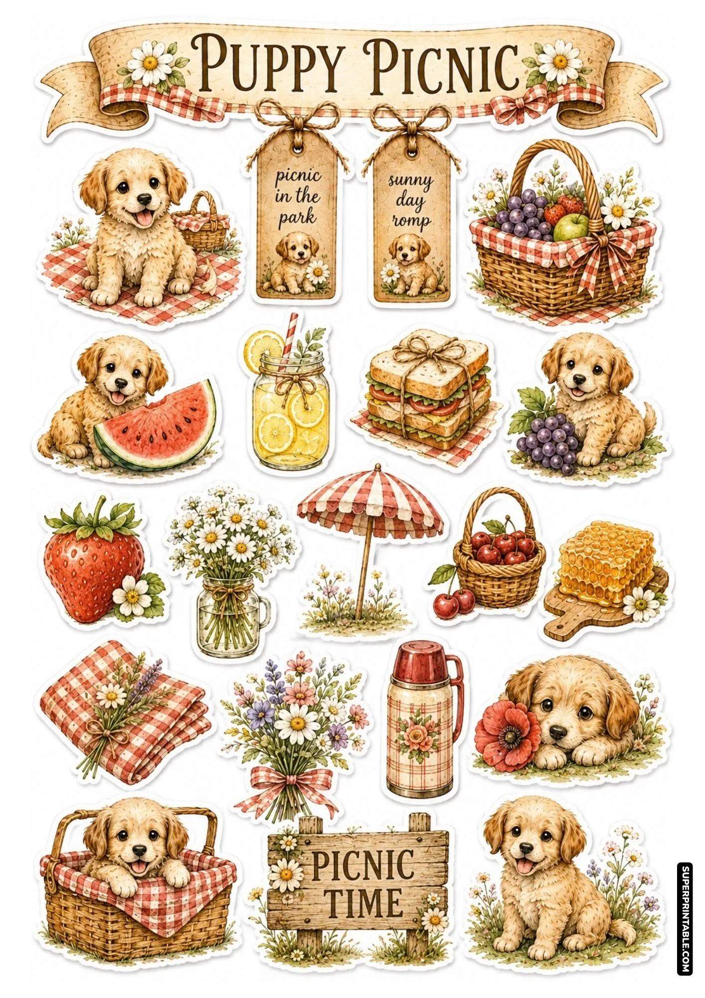 Sunny outdoor picnic sticker sheet displaying cute puppies with watermelon slices, sandwiches, and fruit baskets.