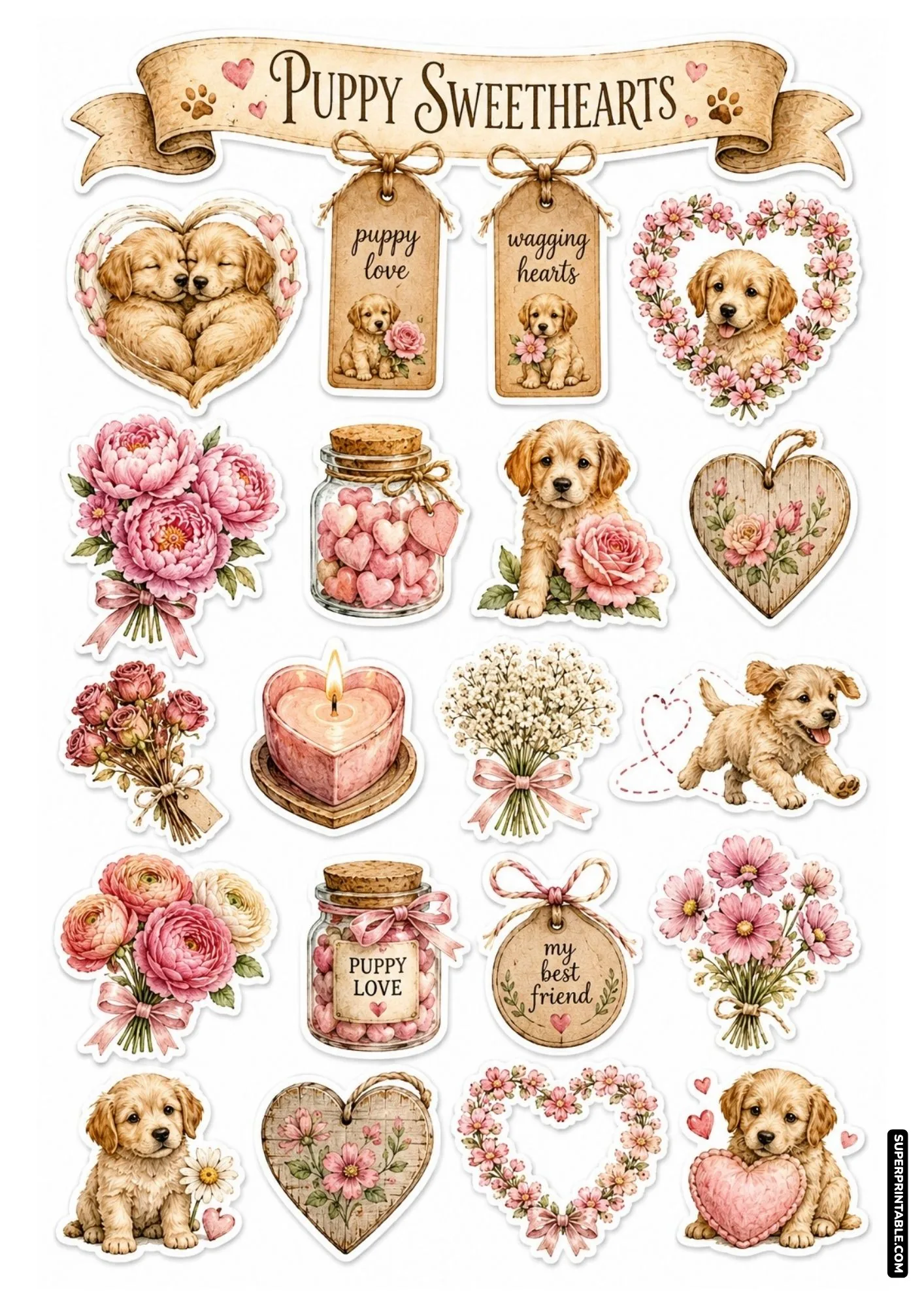Love themed sticker sheet presenting adorable cuddling puppy pairs framed by pink floral heart wreaths.