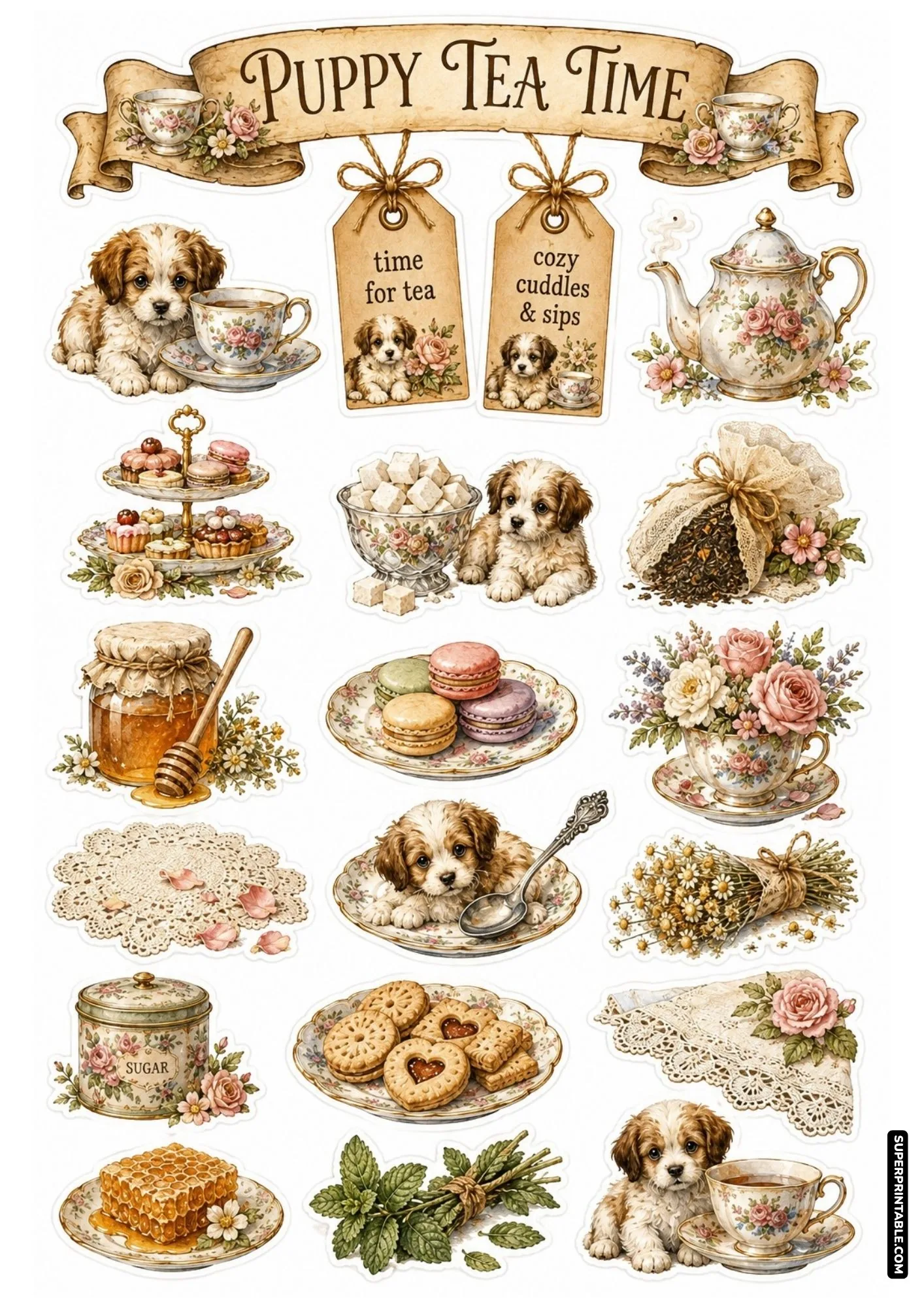 Cozy afternoon tea sticker sheet showing puppies posed next to vintage teacups, macarons, and sugar tins.