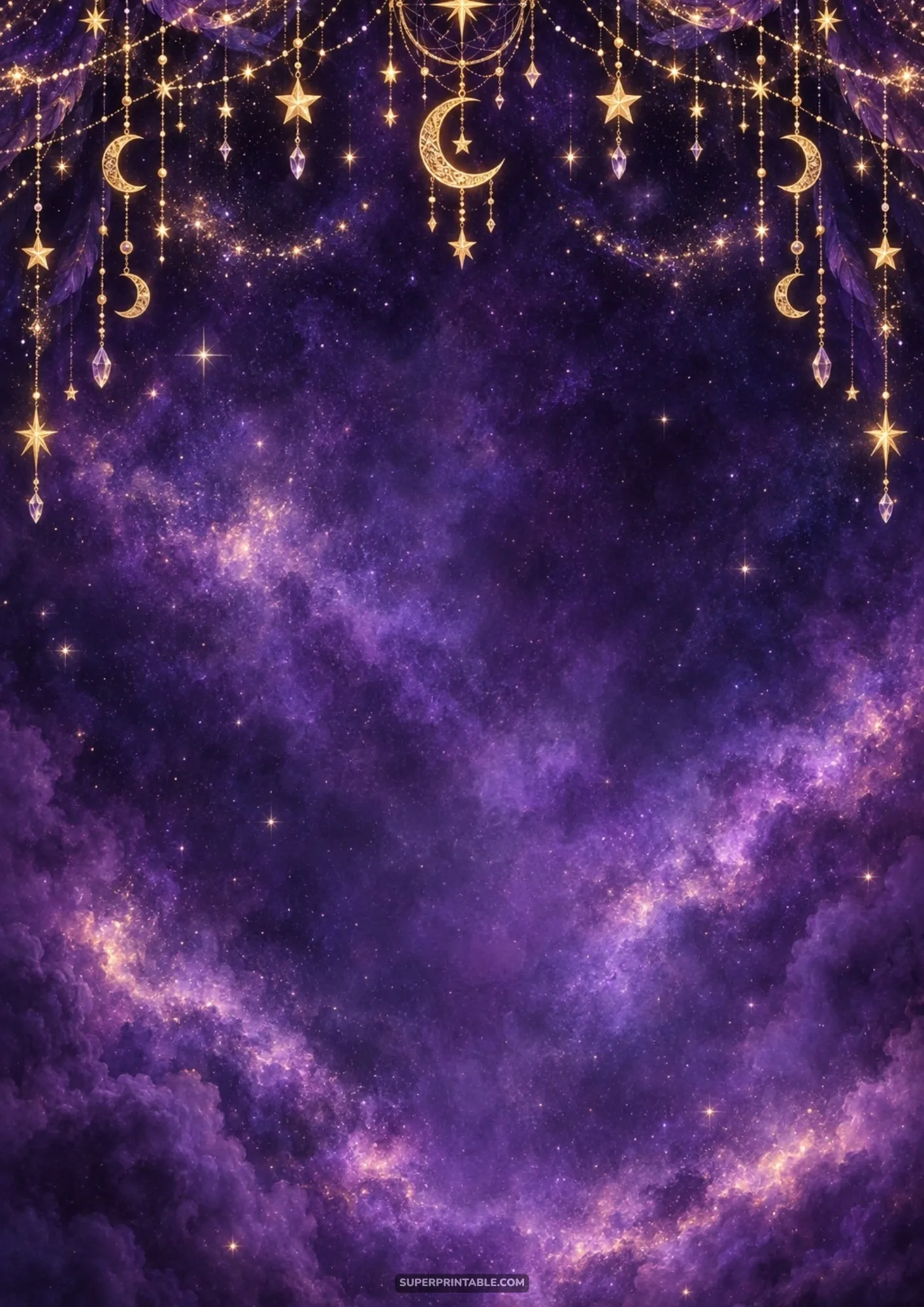 Glowing celestial galaxy backgrounds framed by hanging gold crescent moons and crystal garland swags