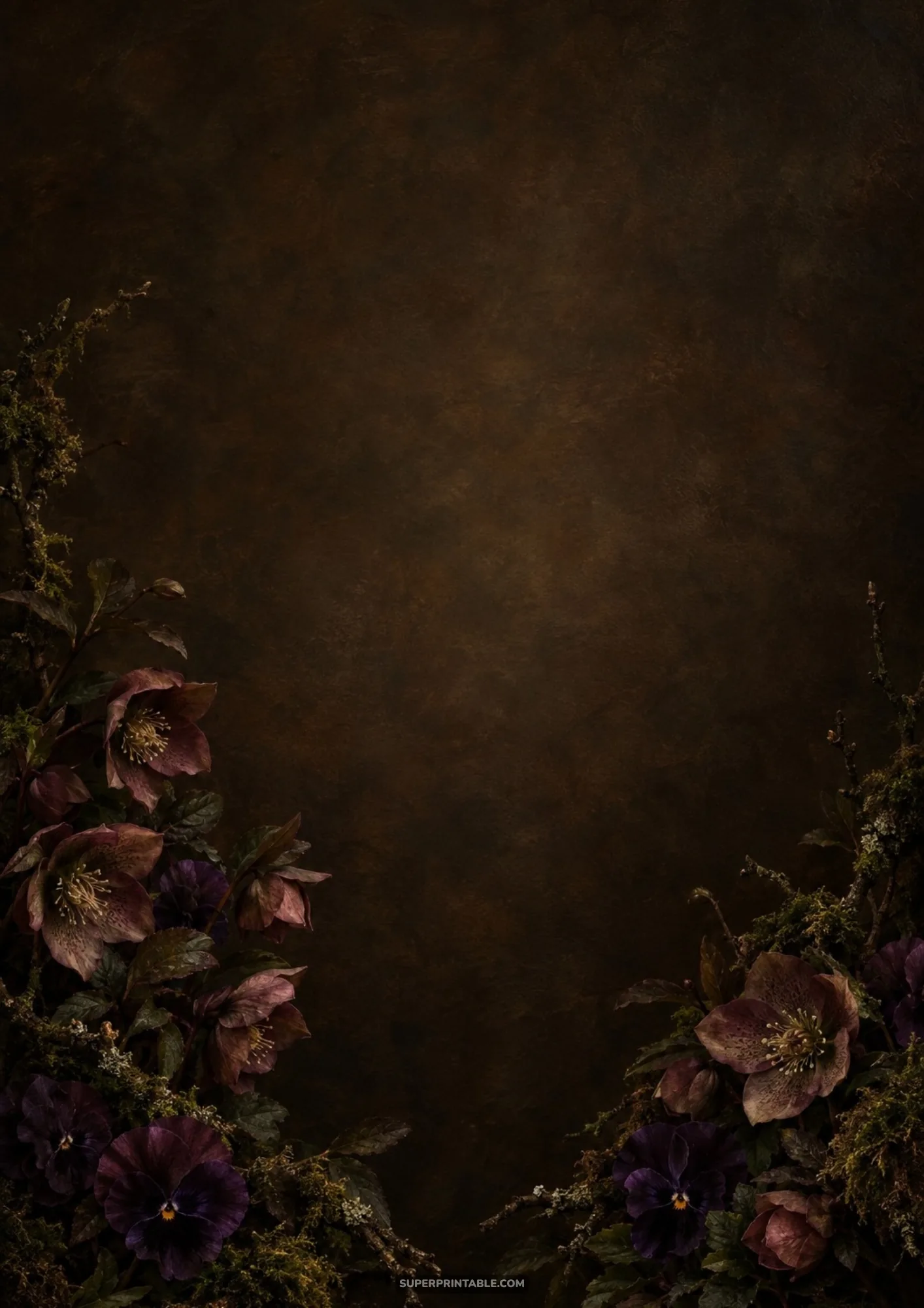 Deep purple hellebores and woodland moss climbing rustic twigs against a dark sepia backdrop