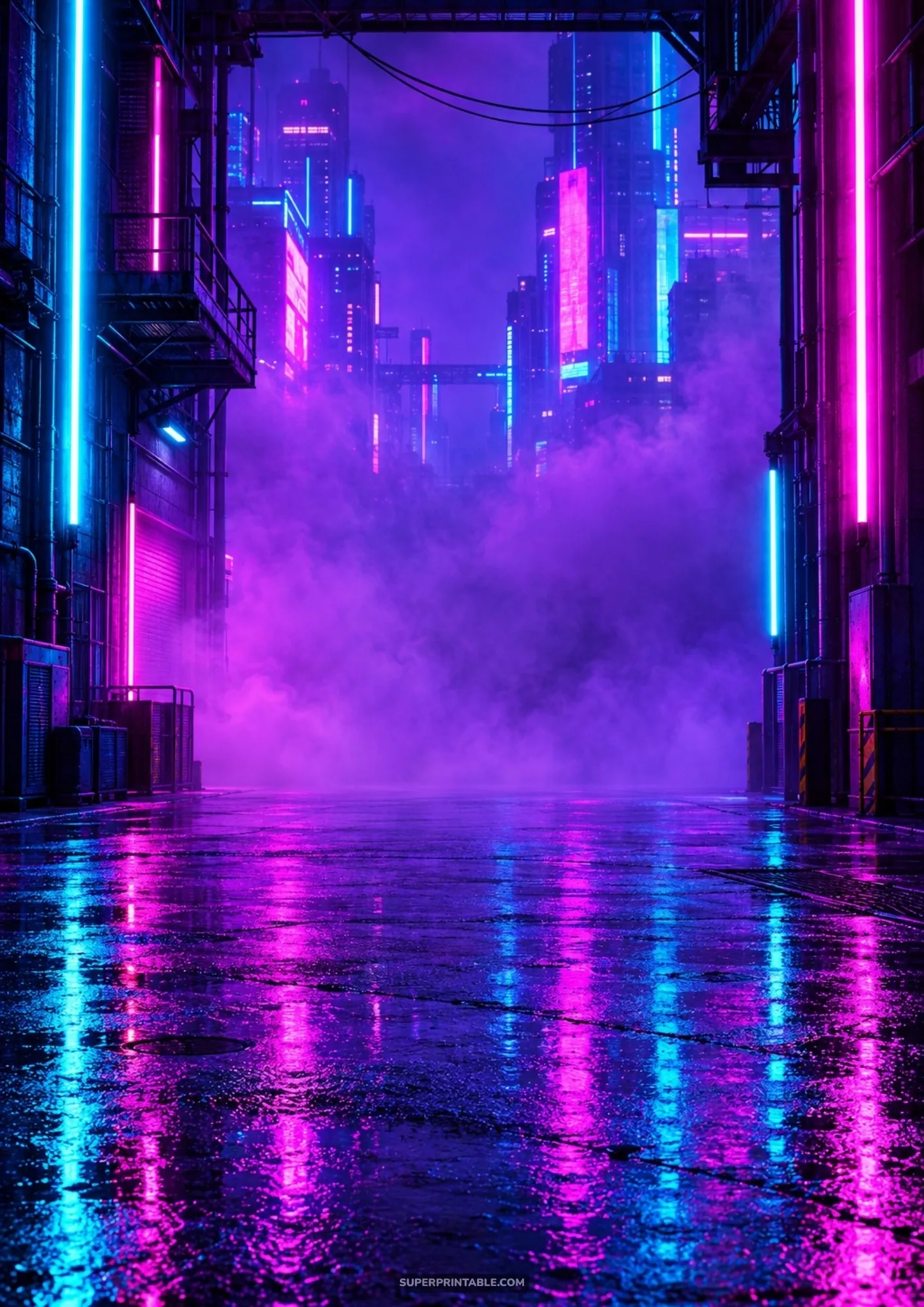 Neon alley lined with vertical cyan and magenta light tubes and dense purple fog between high-rise buildings
