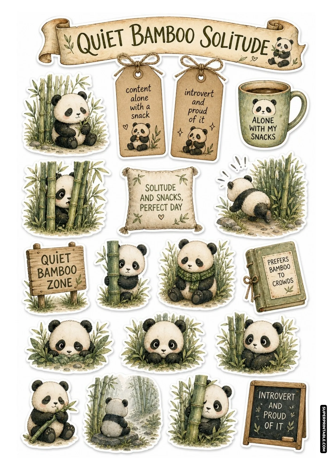 Charming giant panda stickers munching bamboo shoots, hiding in bamboo groves, and wearing cozy winter scarves