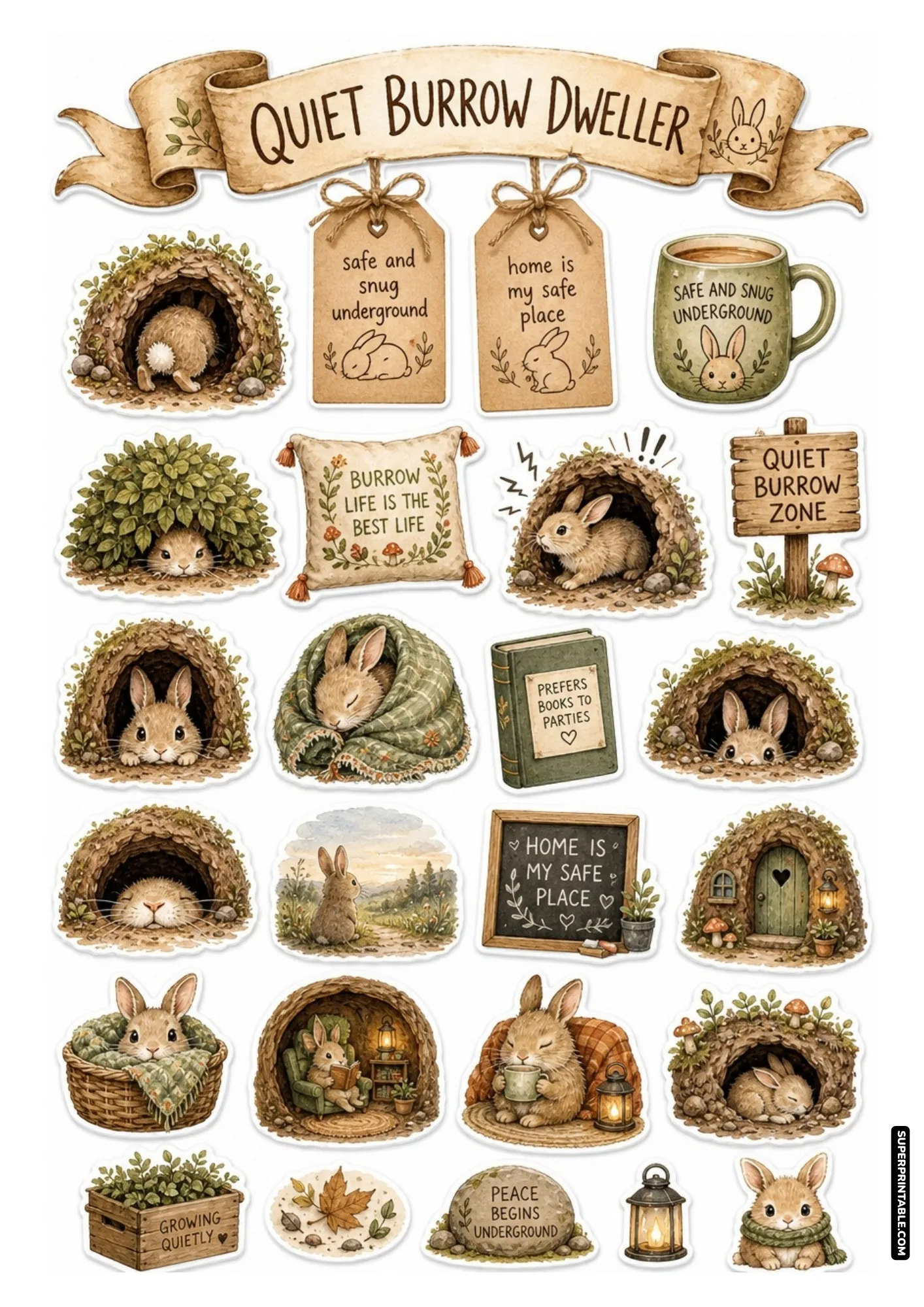 Quiet animals sticker sheets featuring cozy burrow dweller rabbit illustrations and introverted quotes