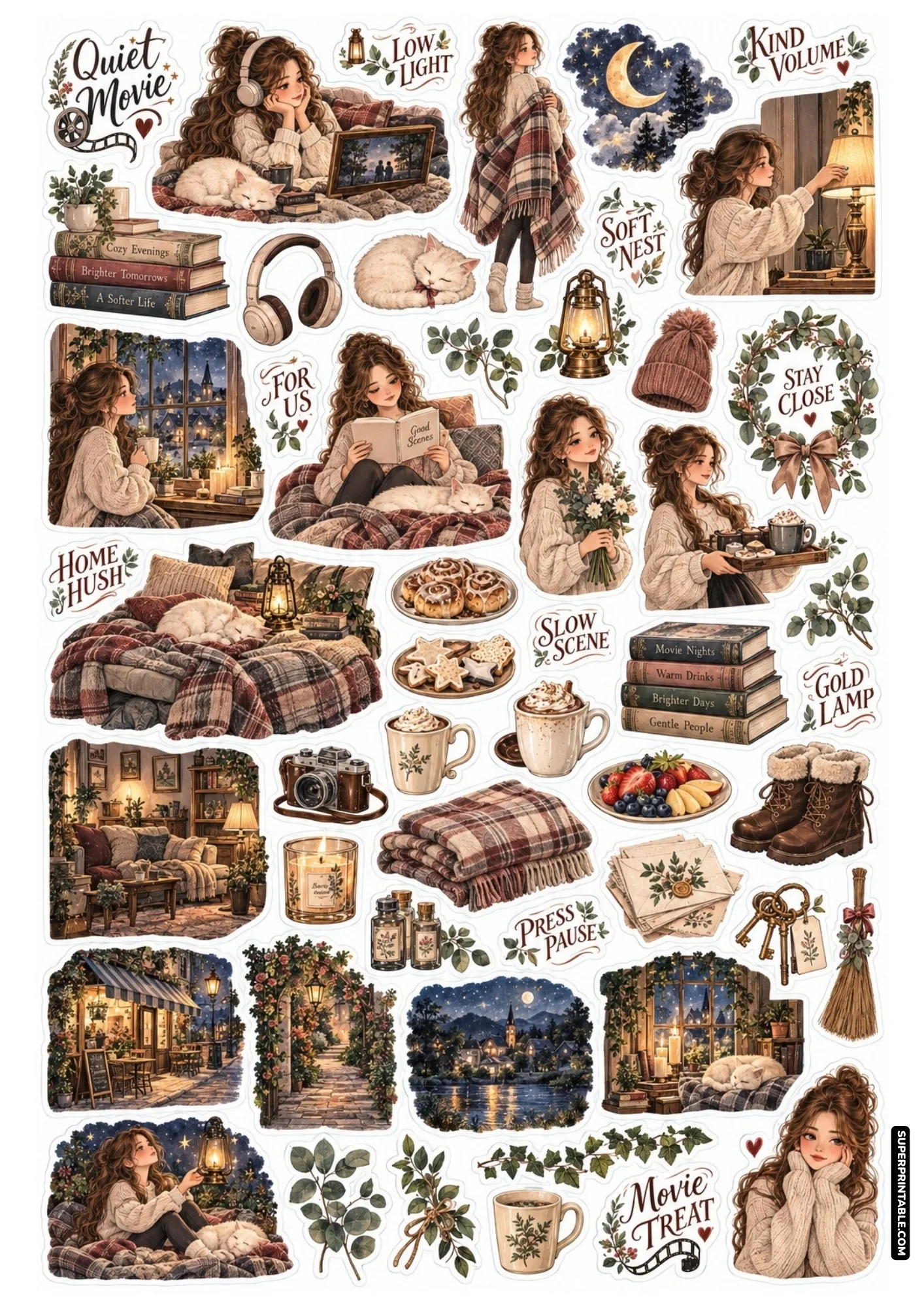 Cute sticker graphics of a girl listening with headphones, reading in bed under heavy blankets, and watching quiet scenes.