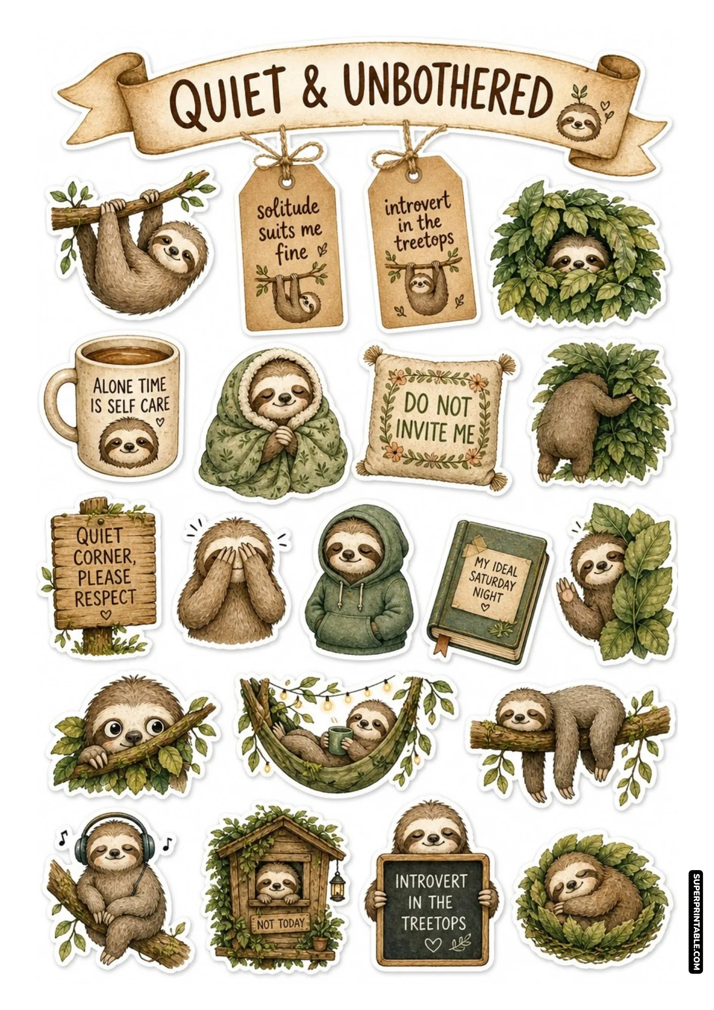 Relaxing sloth stickers wrapped in hoodies, napping on branches, and resting in hammocks among green leaves