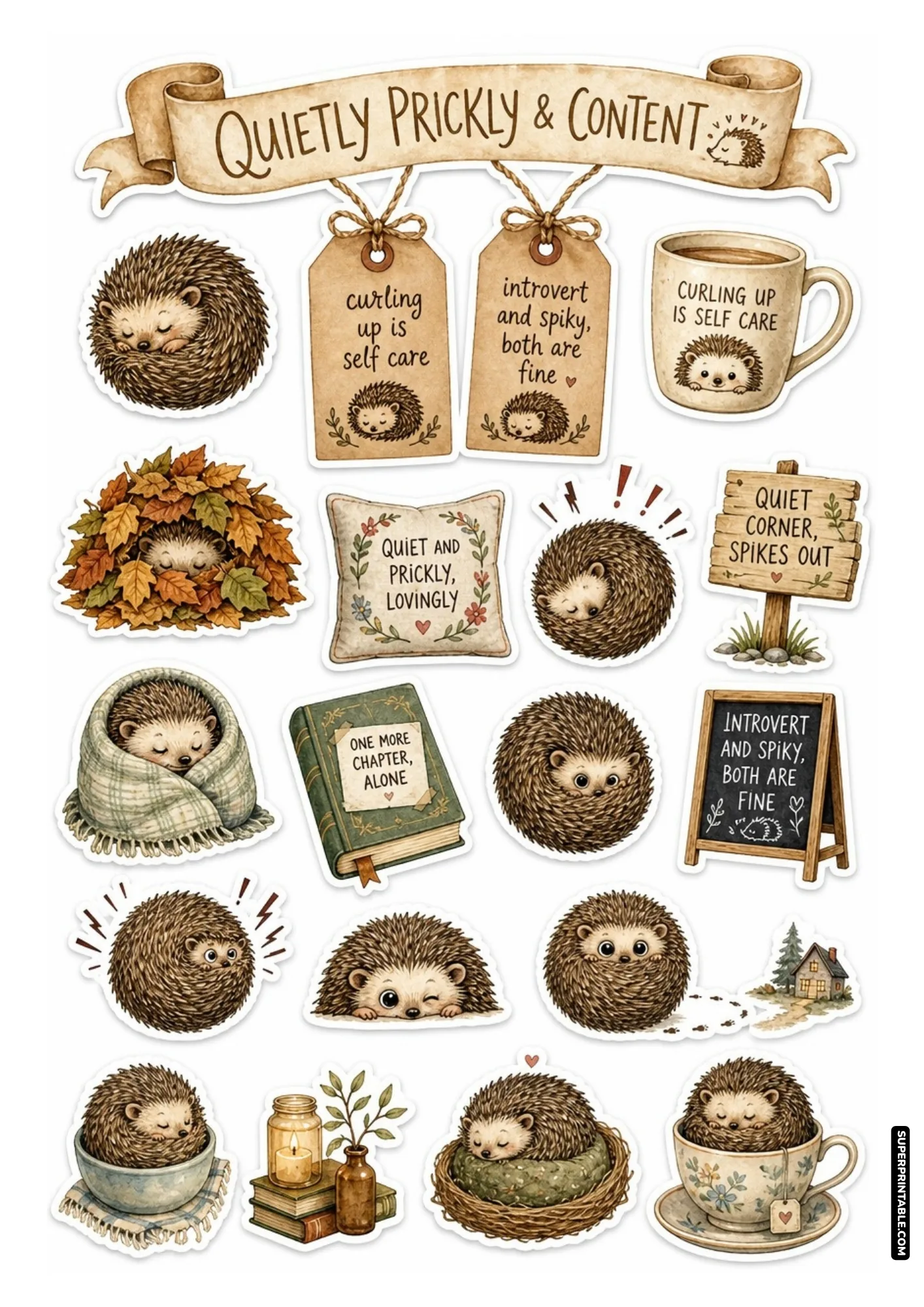 Cute hedgehog stickers curling up in cozy blankets, teacups, and autumn leaf piles with self-care quotes