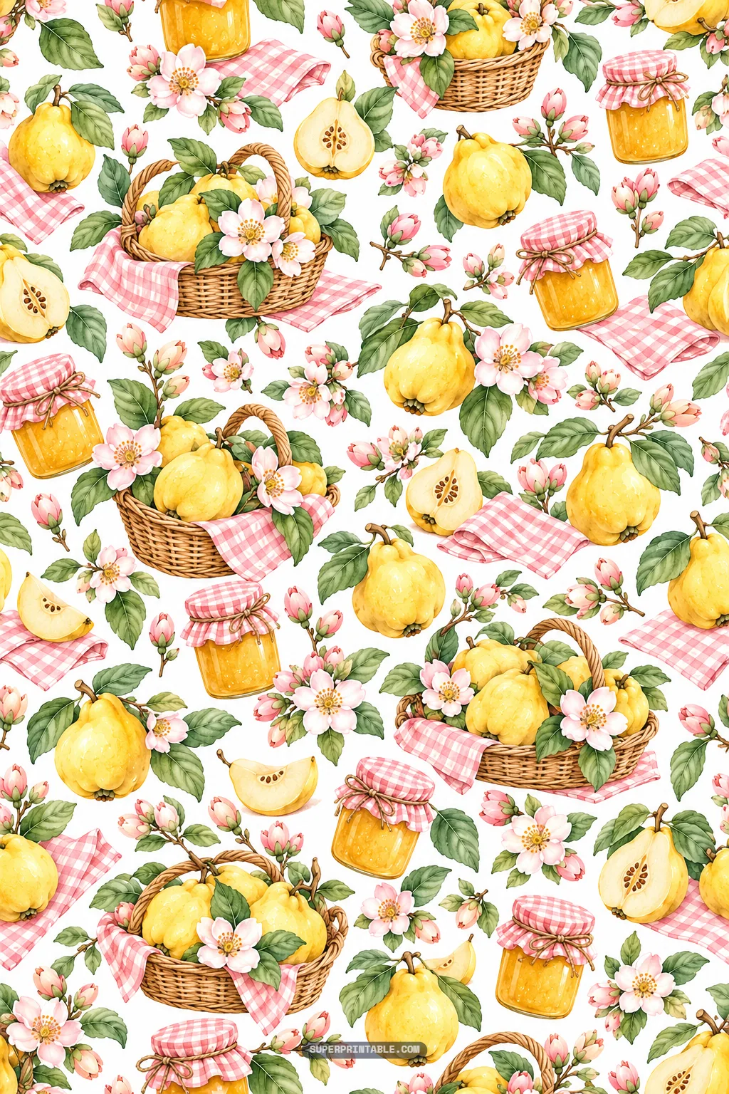 Rustic harvest pattern featuring woven baskets of quinces and homemade jam jars