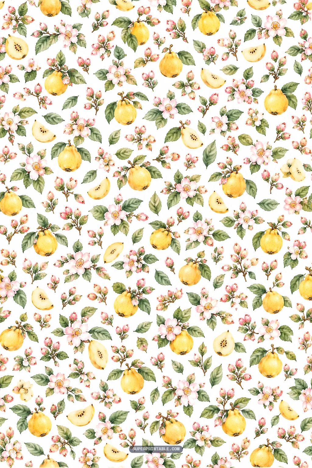 Quince orchard digital papers pattern with scattered yellow fruits and blooms