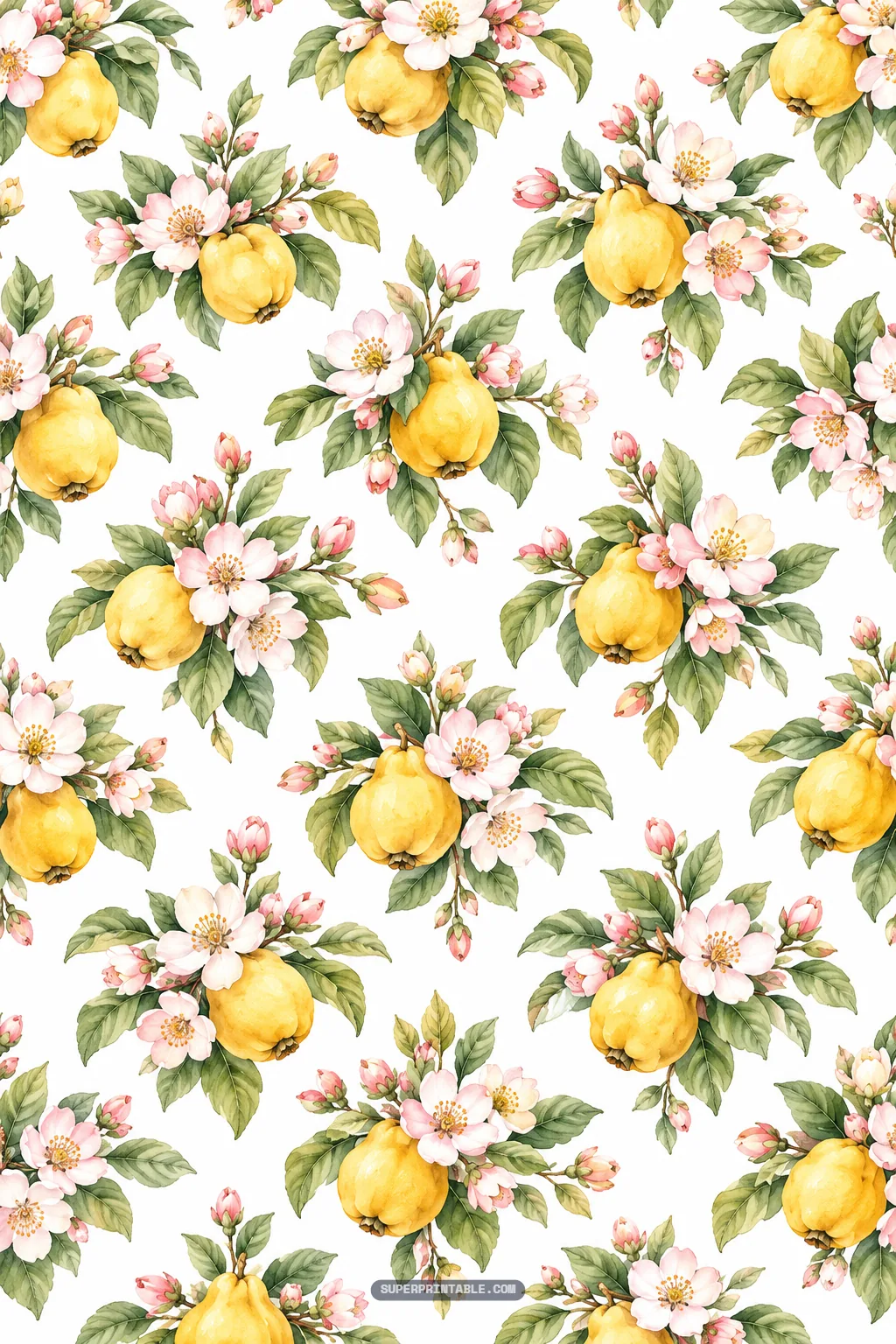 Neat repeating posy bouquets composed of golden quinces and soft pink blossoms