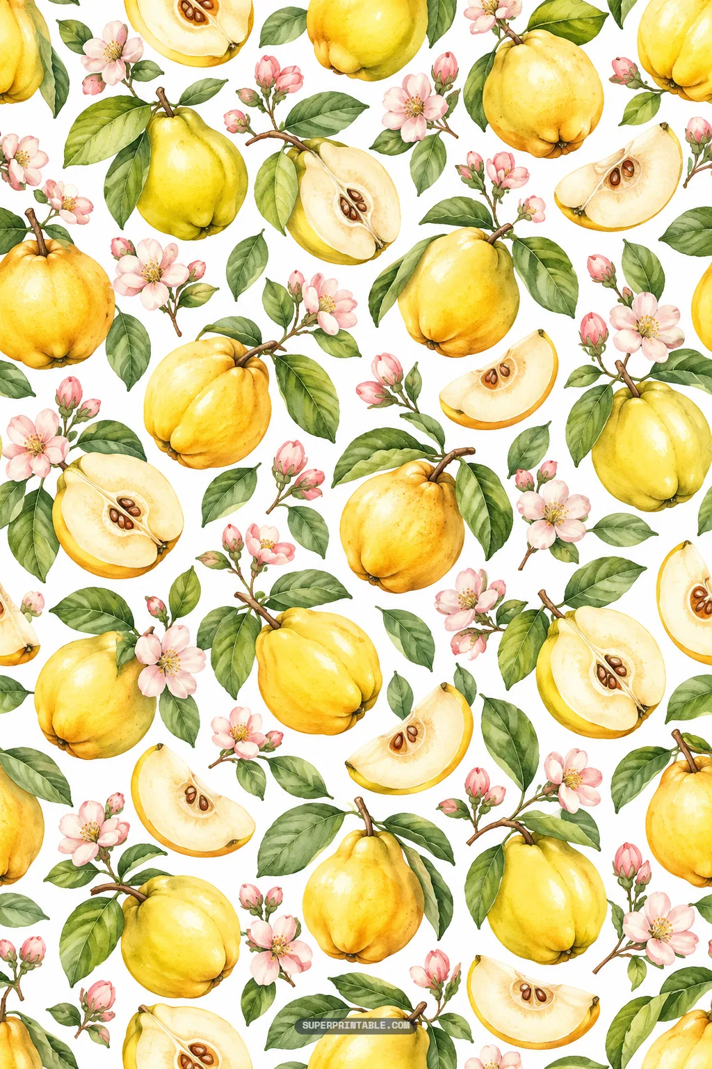 Botanical watercolor pattern of whole and sliced quince fruits with blossoms