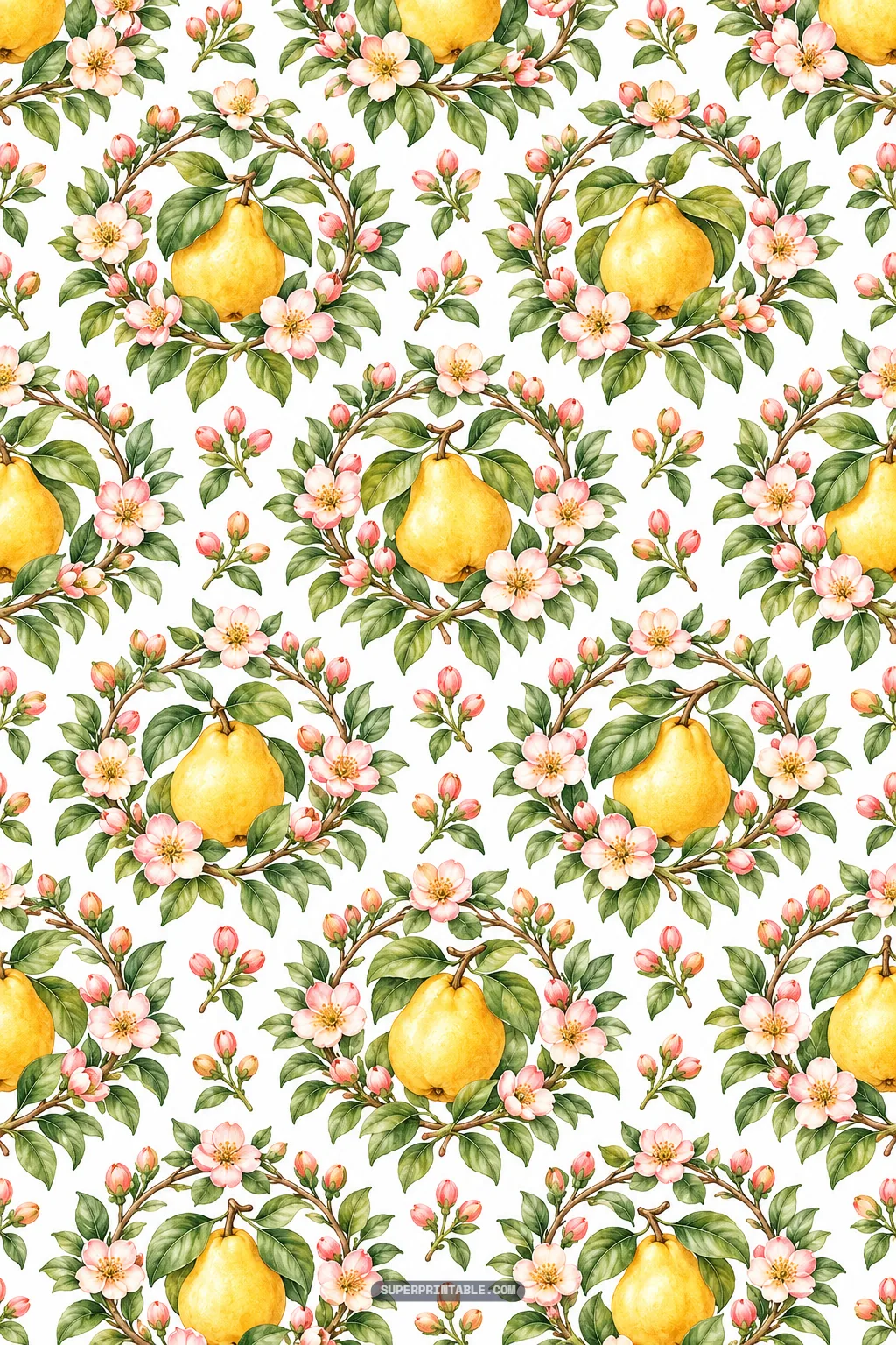Quince orchard digital papers seamless pattern with golden fruit in floral wreaths